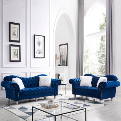 Sofa & Chair sets | 3 Piece Living Room Sofa Set, including 3-Seater Sofa, Loveseat and Sofa Chair, with Button and Copper Nail on Arms and Back, Five White Villose Pillow, Blue. | casafoyer.myshopify.com