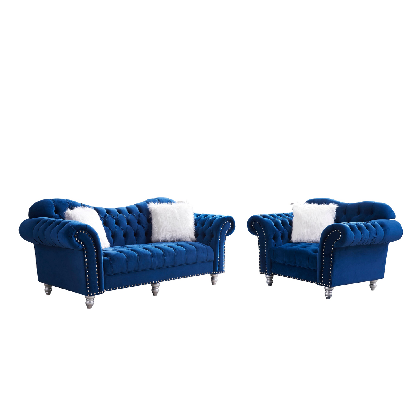 Sofa & Chair sets | 3 Piece Living Room Sofa Set, including 3-Seater Sofa, Loveseat and Sofa Chair, with Button and Copper Nail on Arms and Back, Five White Villose Pillow, Blue. | casafoyer.myshopify.com