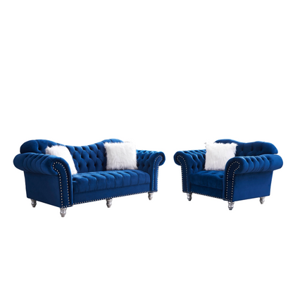 Sofa & Chair sets | 3 Piece Living Room Sofa Set, including 3-Seater Sofa, Loveseat and Sofa Chair, with Button and Copper Nail on Arms and Back, Five White Villose Pillow, Blue. | casafoyer.myshopify.com