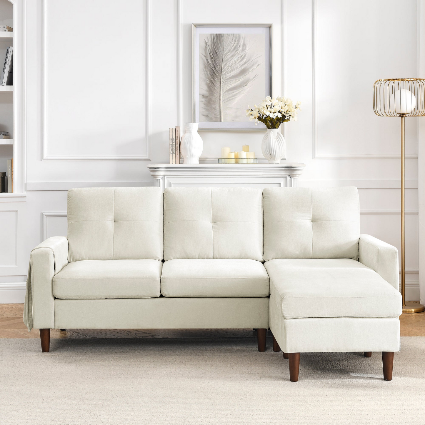 [product_type] | 80" Convertible Sectional Sofa Couch, 3 Seats L-shape Sofa with Removable Cushions and Pocket, Rubber Wood Legs, Beige Chenille | casafoyer.myshopify.com