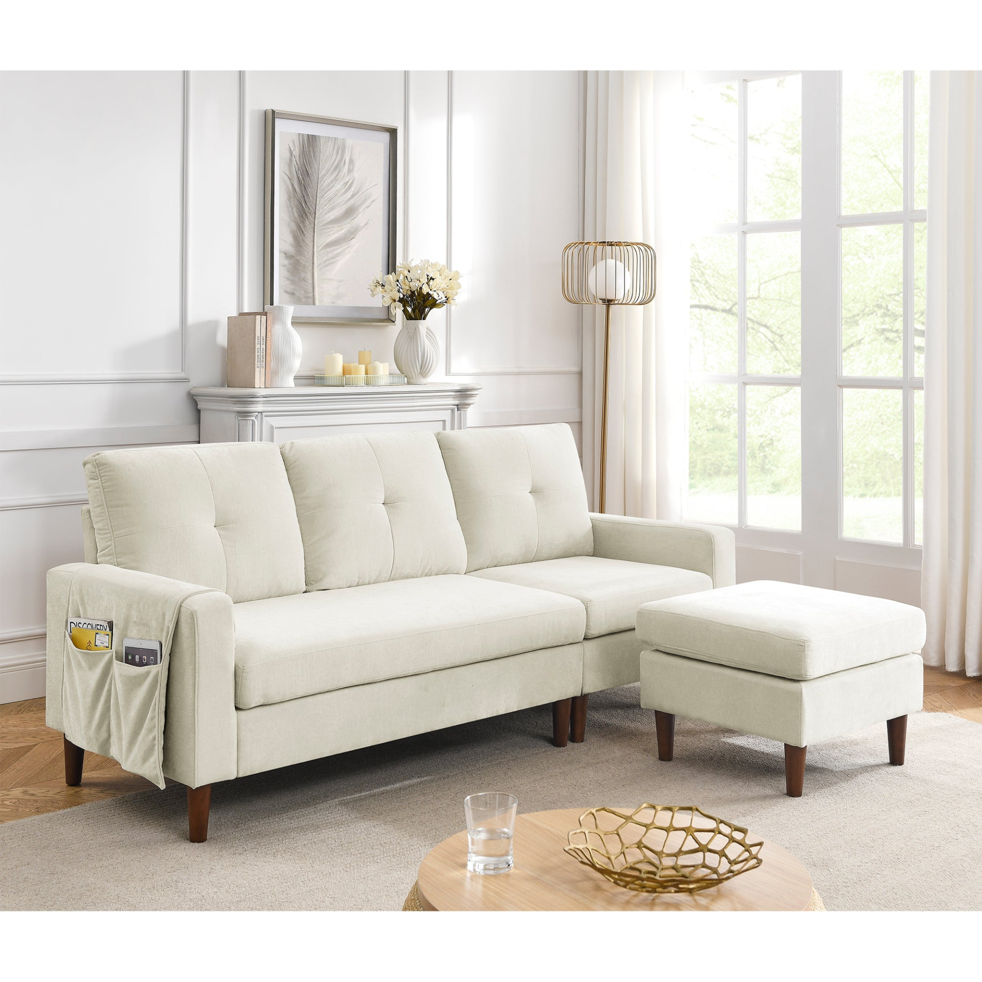 [product_type] | 80" Convertible Sectional Sofa Couch, 3 Seats L-shape Sofa with Removable Cushions and Pocket, Rubber Wood Legs, Beige Chenille | casafoyer.myshopify.com