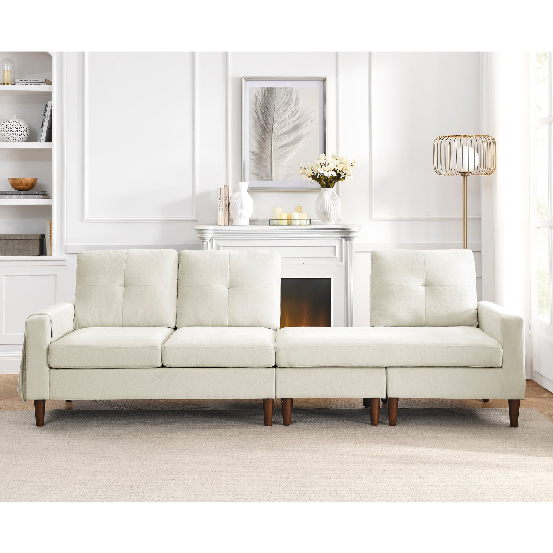 [product_type] | 80" Convertible Sectional Sofa Couch, 3 Seats L-shape Sofa with Removable Cushions and Pocket, Rubber Wood Legs, Beige Chenille | casafoyer.myshopify.com