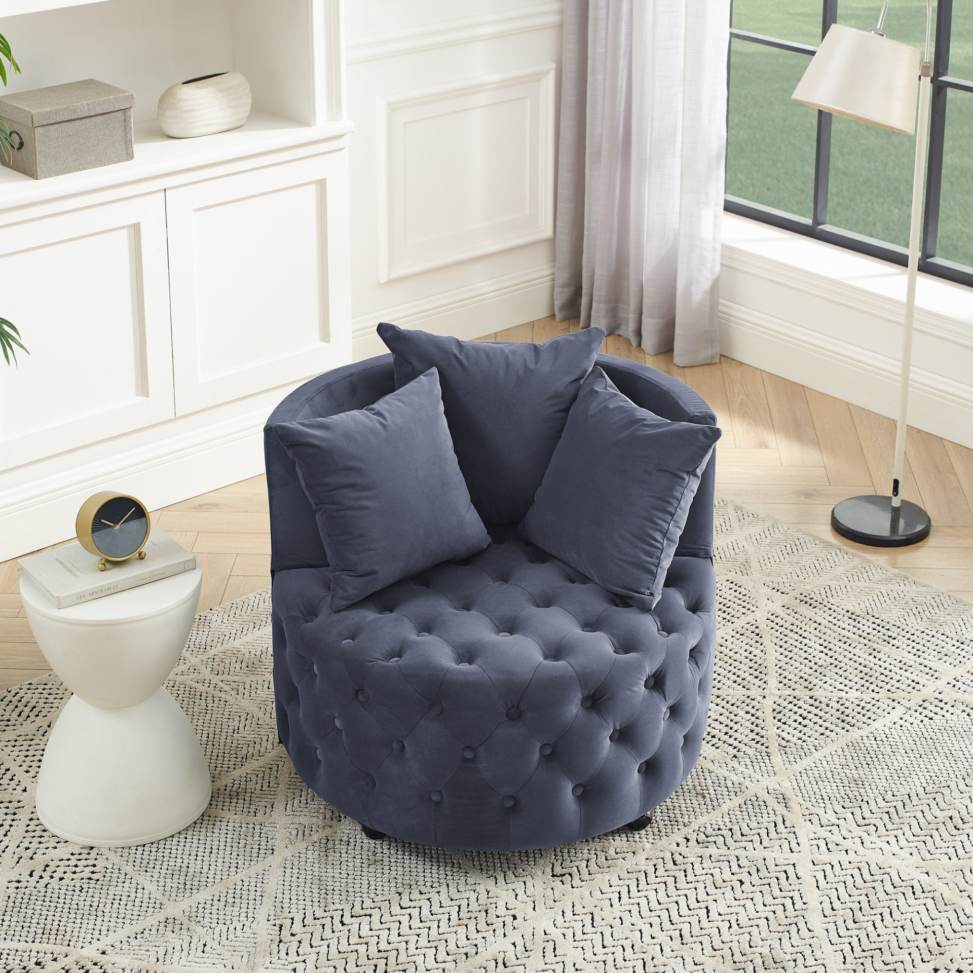 Sofa & Chair sets | Velvet Upholstered Swivel Chair for Living Room | Grey | Button Tufted Design | Movable Wheels | Including 3 Pillows | casafoyer.myshopify.com