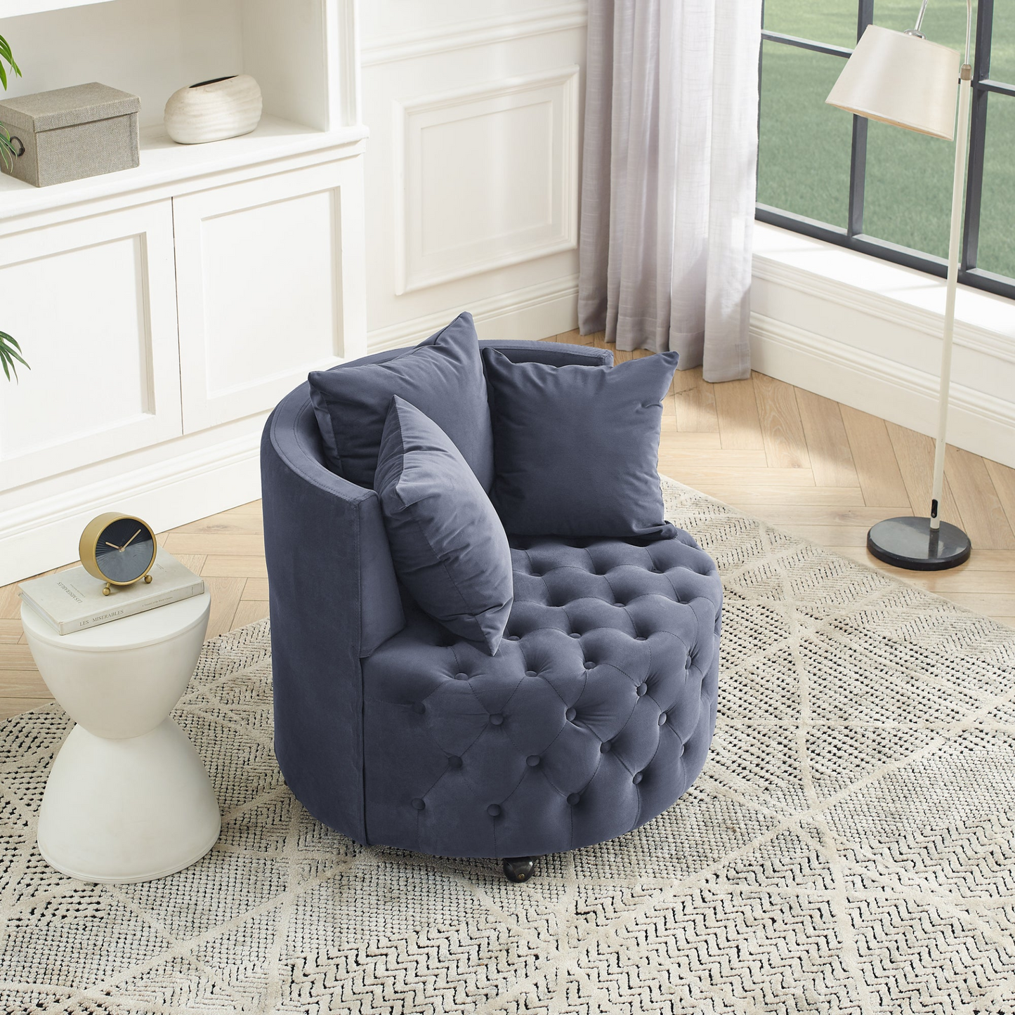 Sofa & Chair sets | Velvet Upholstered Swivel Chair for Living Room | Grey | Button Tufted Design | Movable Wheels | Including 3 Pillows | casafoyer.myshopify.com