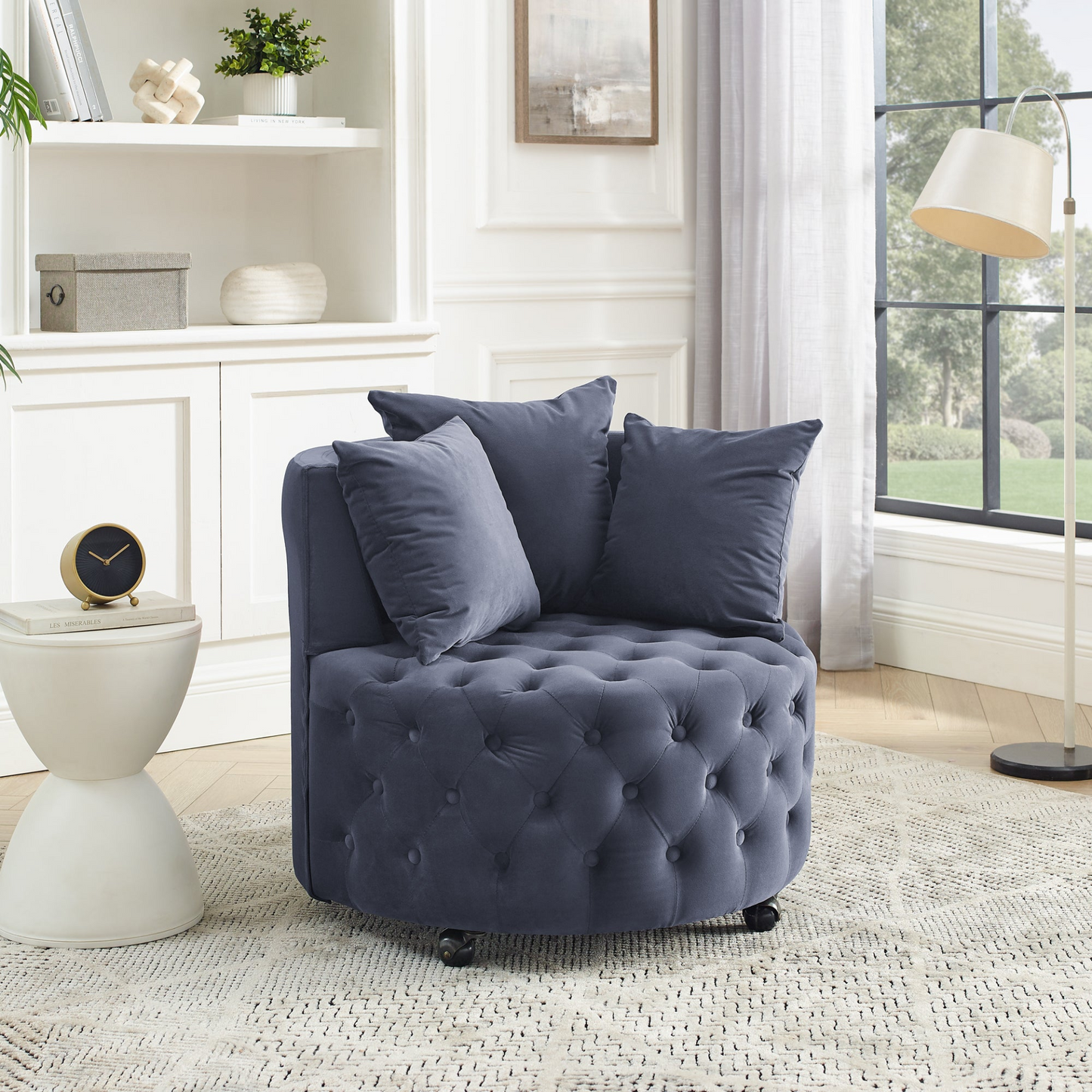 Sofa & Chair sets | Velvet Upholstered Swivel Chair for Living Room | Grey | Button Tufted Design | Movable Wheels | Including 3 Pillows | casafoyer.myshopify.com