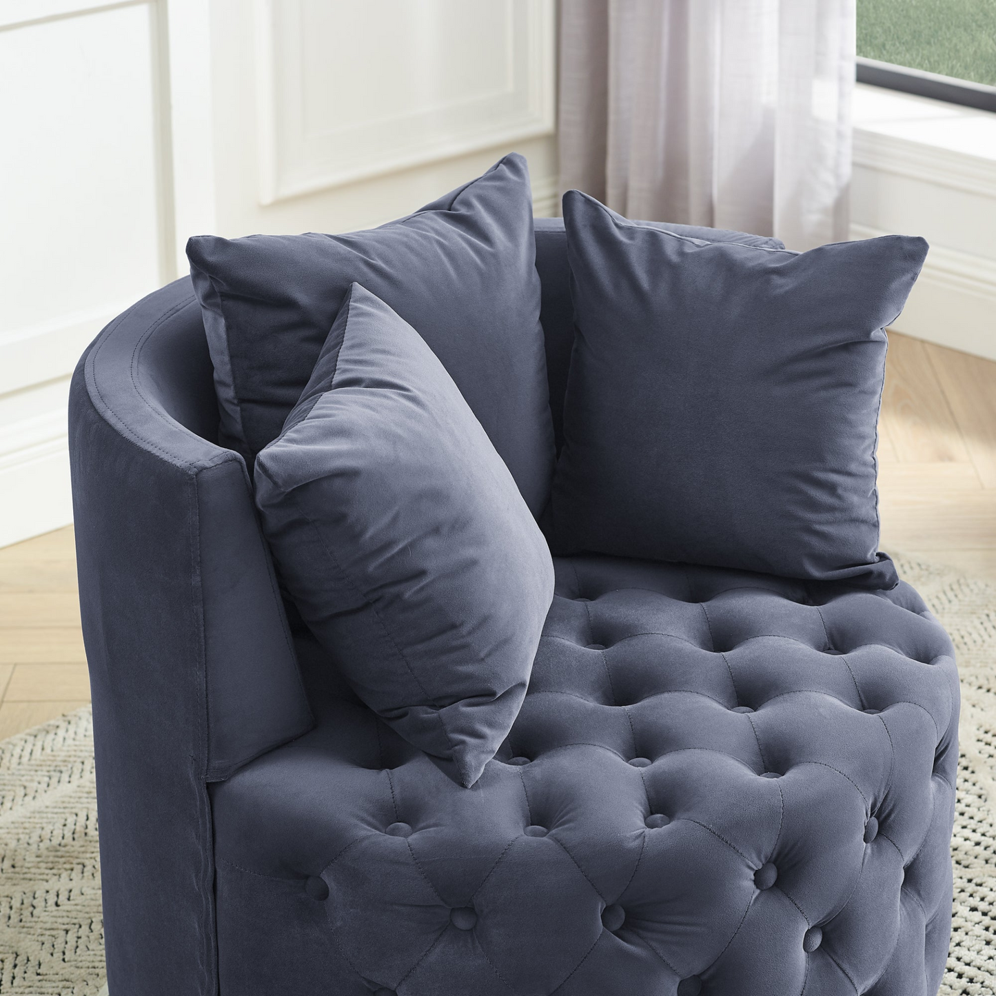 Sofa & Chair sets | Velvet Upholstered Swivel Chair for Living Room | Grey | Button Tufted Design | Movable Wheels | Including 3 Pillows | casafoyer.myshopify.com