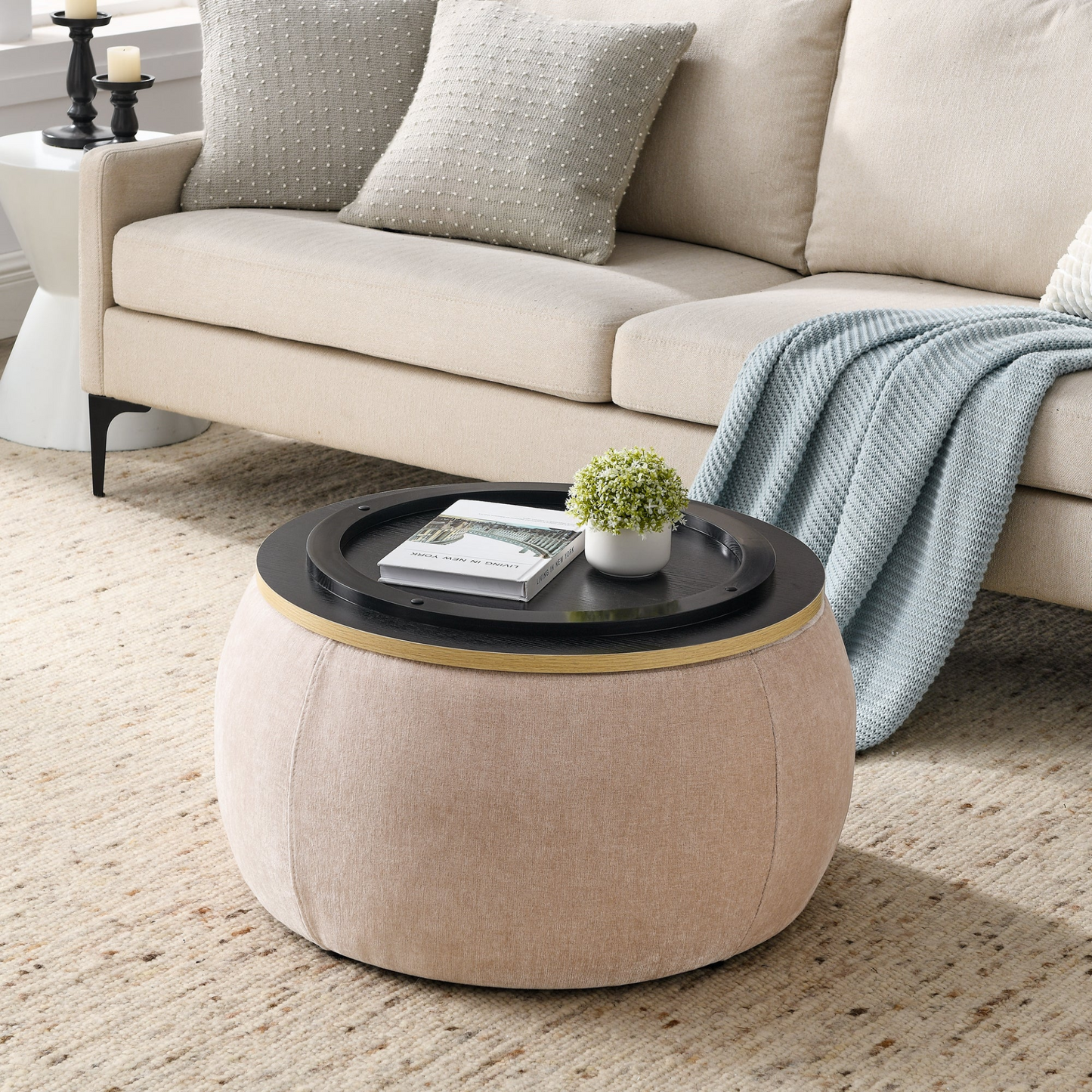 OTTOMAN | Round Storage Ottoman, 2 in 1 Function, Pink (25.5"x25.5"x14.5") | casafoyer.myshopify.com