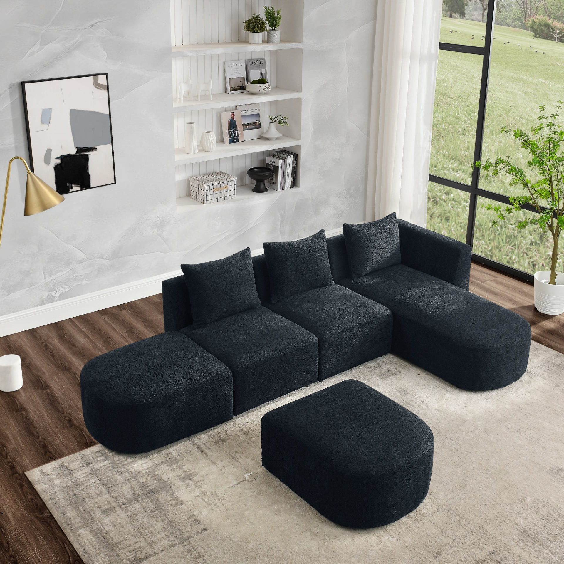 Sofa & Chair sets | L Shape Sectional Sofa with Right Side Chaise and Ottoman, Modular Sofa, DIY Combination, Loop Yarn Fabric, Black | casafoyer.myshopify.com