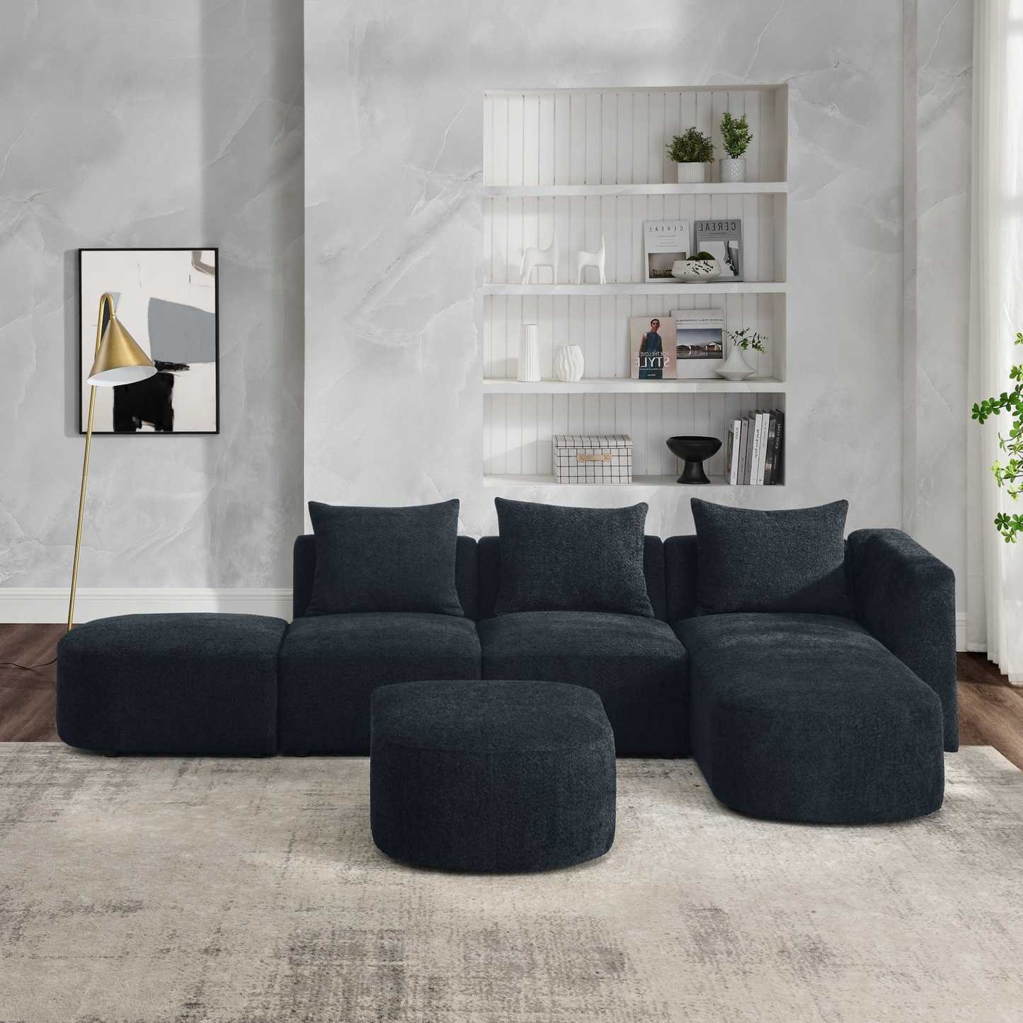 Sofa & Chair sets | L Shape Sectional Sofa with Right Side Chaise and Ottoman, Modular Sofa, DIY Combination, Loop Yarn Fabric, Black | casafoyer.myshopify.com