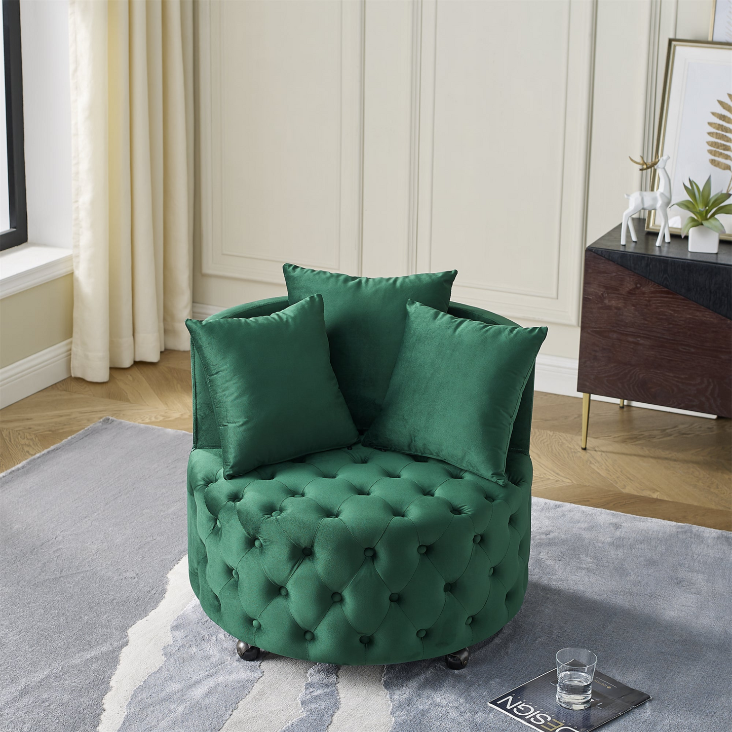 Sofa & Chair sets | Velvet Upholstered Swivel Chair for Living Room, with Button Tufted Design and Movable Wheels, Including 3 Pillows, Green | casafoyer.myshopify.com