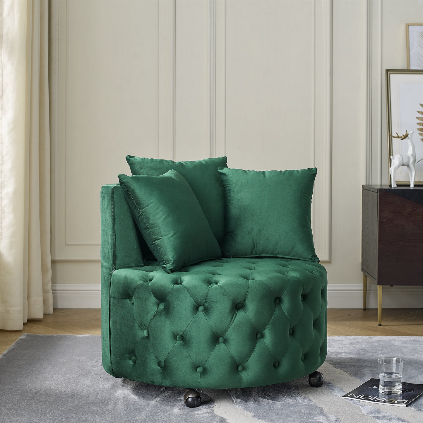 Sofa & Chair sets | Velvet Upholstered Swivel Chair for Living Room, with Button Tufted Design and Movable Wheels, Including 3 Pillows, Green | casafoyer.myshopify.com