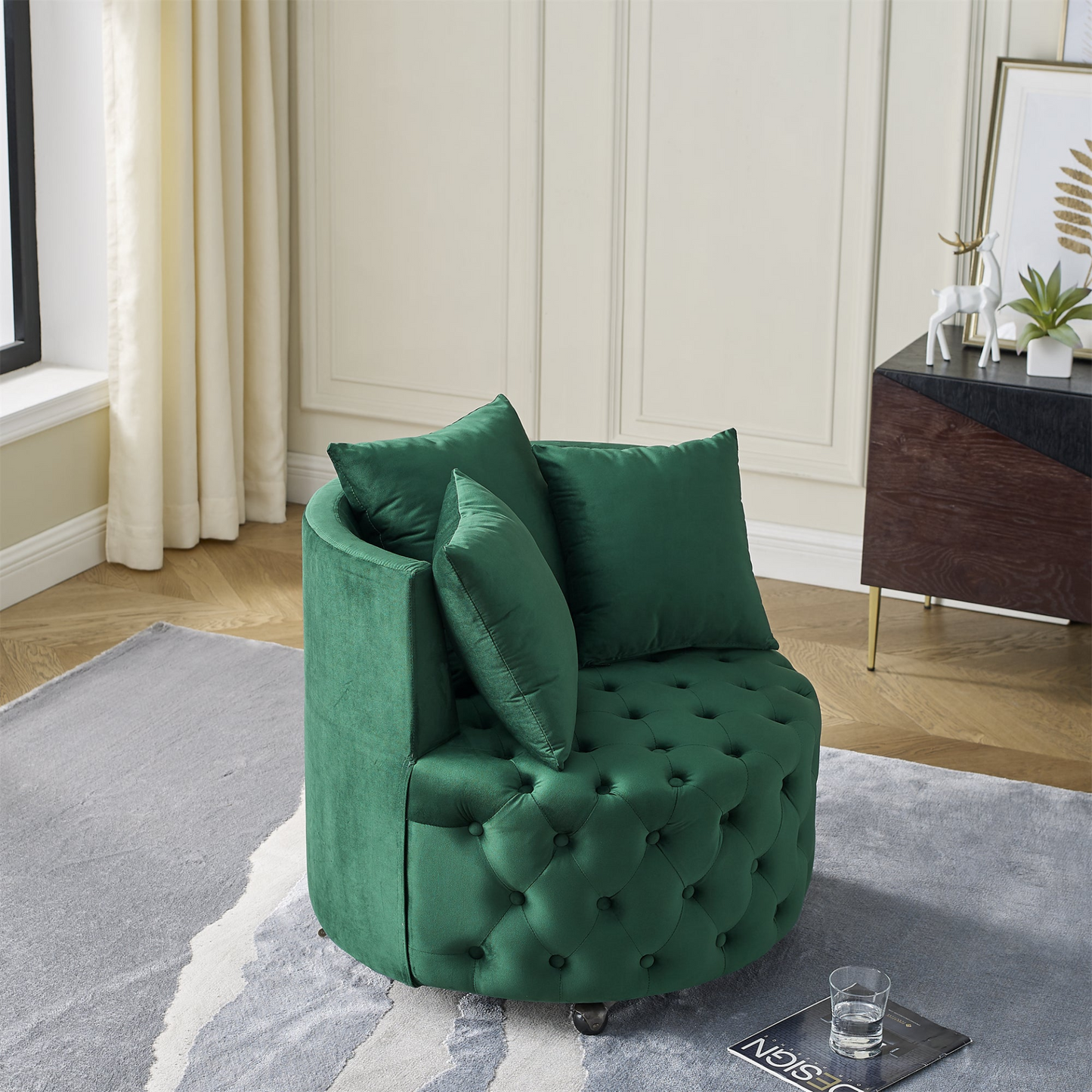 Sofa & Chair sets | Velvet Upholstered Swivel Chair for Living Room, with Button Tufted Design and Movable Wheels, Including 3 Pillows, Green | casafoyer.myshopify.com