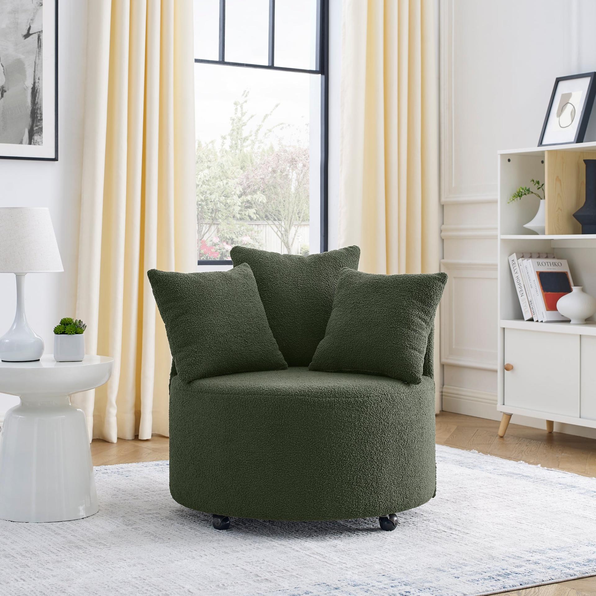 Sofa & Chair sets | Teddy Fabric Swivel Accent Backchair Upholstered Luxury Lounge Chair for Living Room Bedroom, with Movable Wheels, Including 3 Pillows,Green | casafoyer.myshopify.com