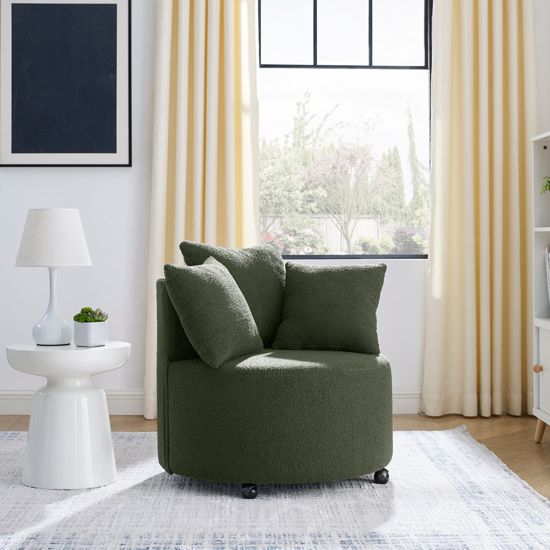 Sofa & Chair sets | Teddy Fabric Swivel Accent Backchair Upholstered Luxury Lounge Chair for Living Room Bedroom, with Movable Wheels, Including 3 Pillows,Green | casafoyer.myshopify.com