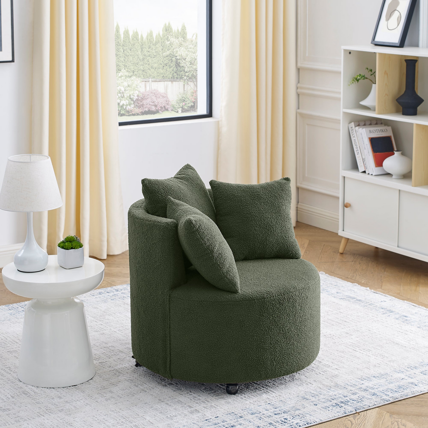 Sofa & Chair sets | Teddy Fabric Swivel Accent Backchair Upholstered Luxury Lounge Chair for Living Room Bedroom, with Movable Wheels, Including 3 Pillows,Green | casafoyer.myshopify.com