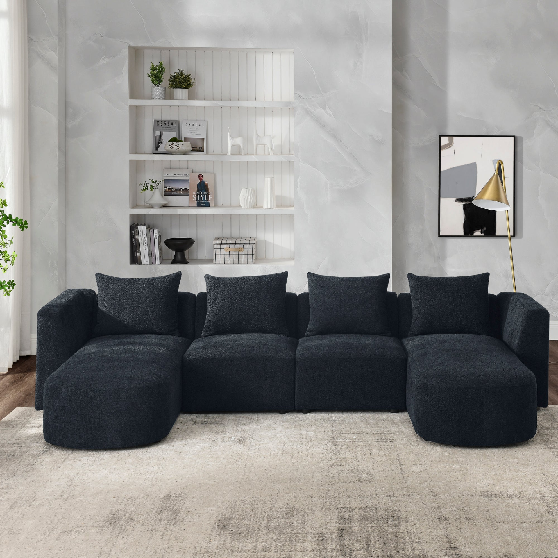 Sofa & Chair sets | U Shape Sectional Sofa including Two Single Seats and Two Chaises, Modular Sofa, DIY Combination, Loop Yarn Fabric, Black | casafoyer.myshopify.com