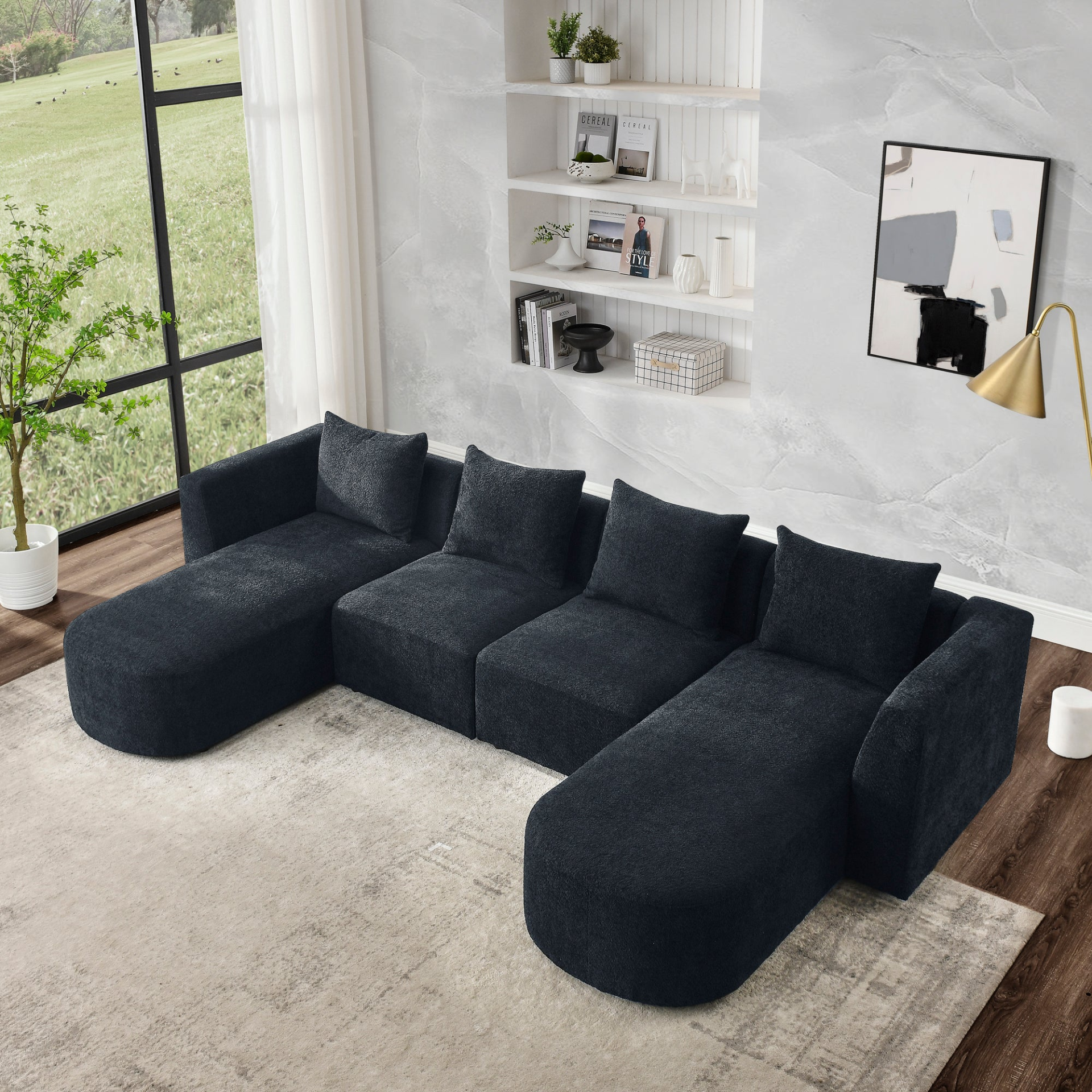 Sofa & Chair sets | U Shape Sectional Sofa including Two Single Seats and Two Chaises, Modular Sofa, DIY Combination, Loop Yarn Fabric, Black | casafoyer.myshopify.com