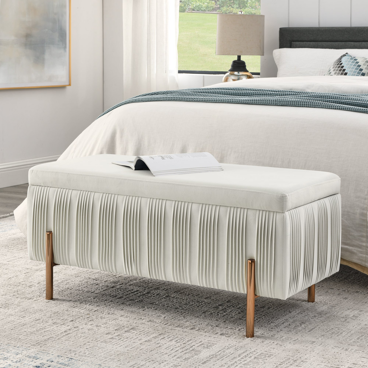 OTTOMAN | Elegant Upholstered Velvet Storage Bench with Cedar Wood Veneer, Large Storage Ottoman with Electroplate Iron Legs for Hallway Living Room Bedroom, Beige | casafoyer.myshopify.com