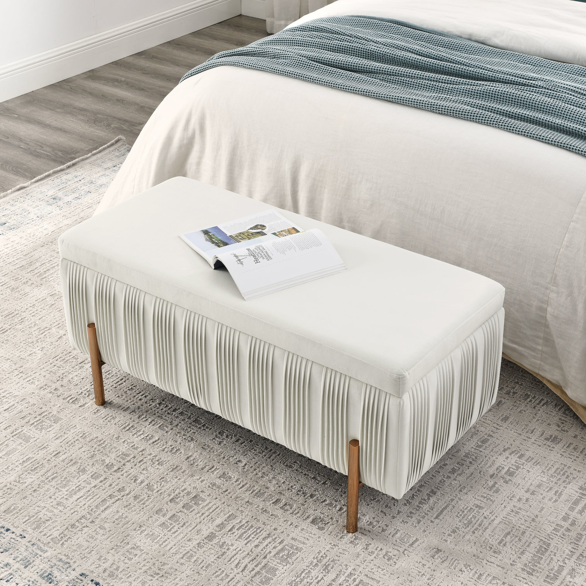 OTTOMAN | Elegant Upholstered Velvet Storage Bench with Cedar Wood Veneer, Large Storage Ottoman with Electroplate Iron Legs for Hallway Living Room Bedroom, Beige | casafoyer.myshopify.com