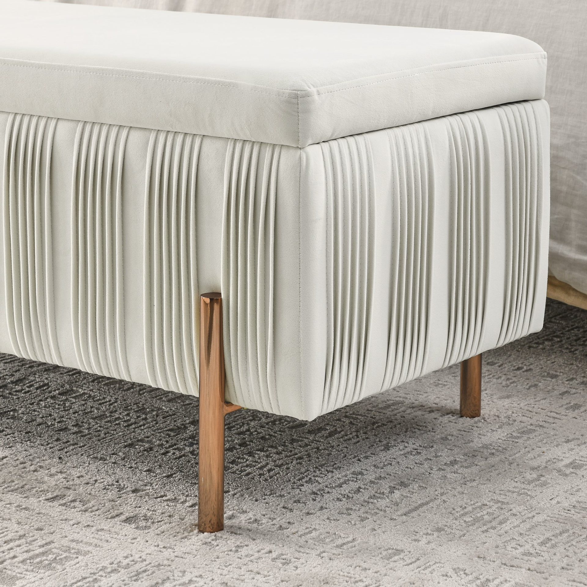 OTTOMAN | Elegant Upholstered Velvet Storage Bench with Cedar Wood Veneer, Large Storage Ottoman with Electroplate Iron Legs for Hallway Living Room Bedroom, Beige | casafoyer.myshopify.com