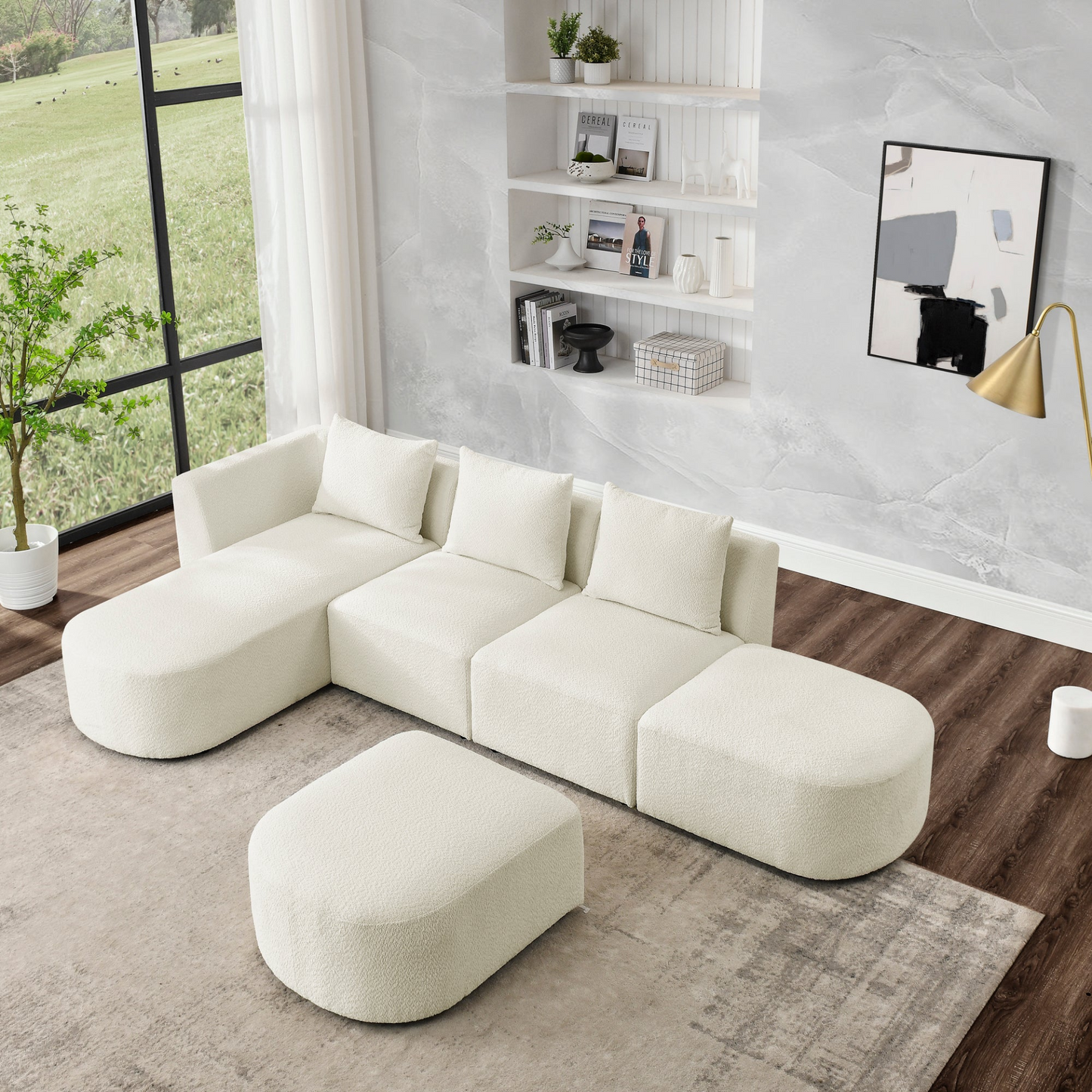 Sofa & Chair sets | L Shape Sectional Sofa with Left Side Chaise and Ottoman, Modular Sofa, DIY Combination, Loop Yarn Fabric, Beige | casafoyer.myshopify.com