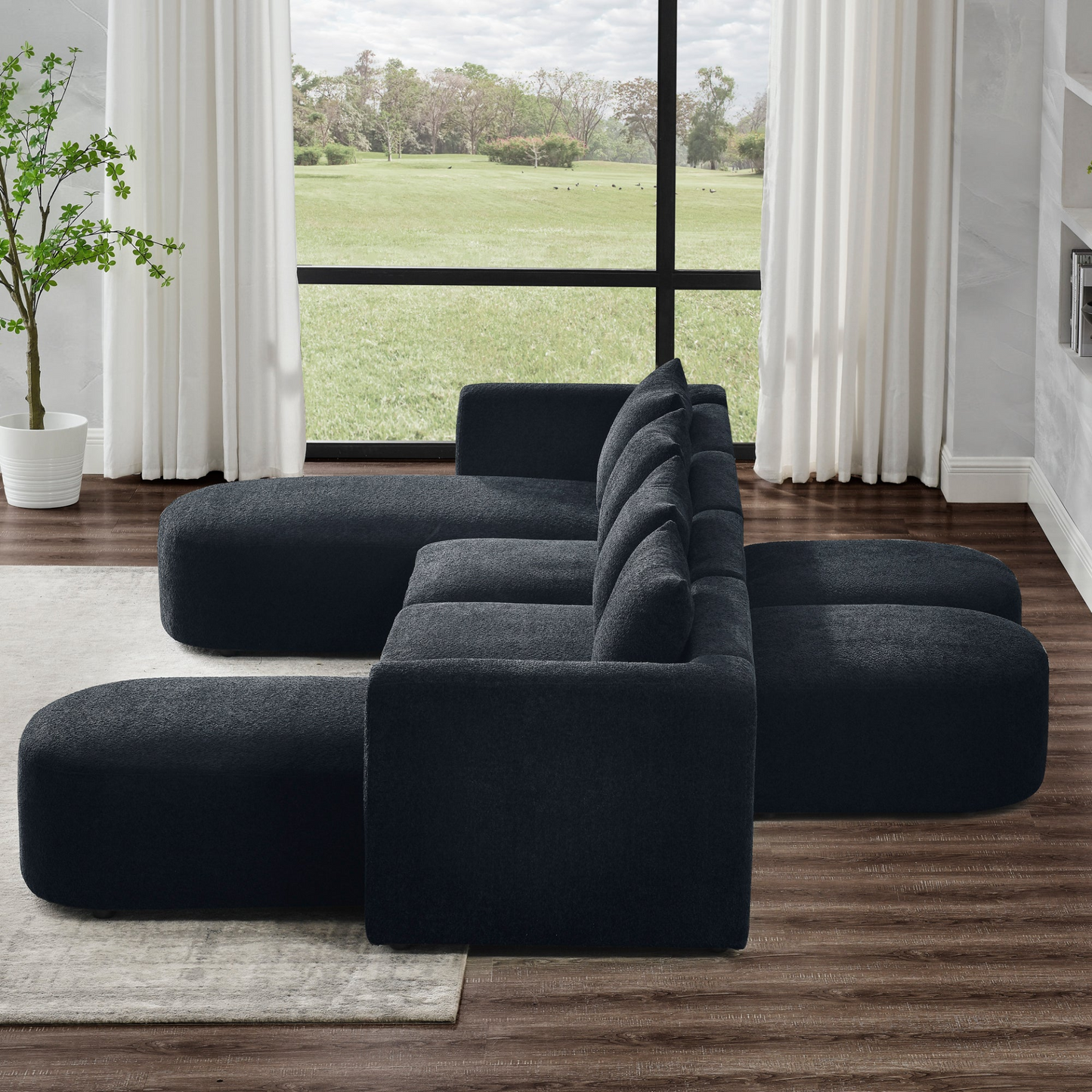 Sofa & Chair sets | U Shape Sectional Sofa including Two Single Seat, Two Chaises and Two Ottomans, Modular Sofa, DIY Combination, Loop Yarn Fabric, Black | casafoyer.myshopify.com