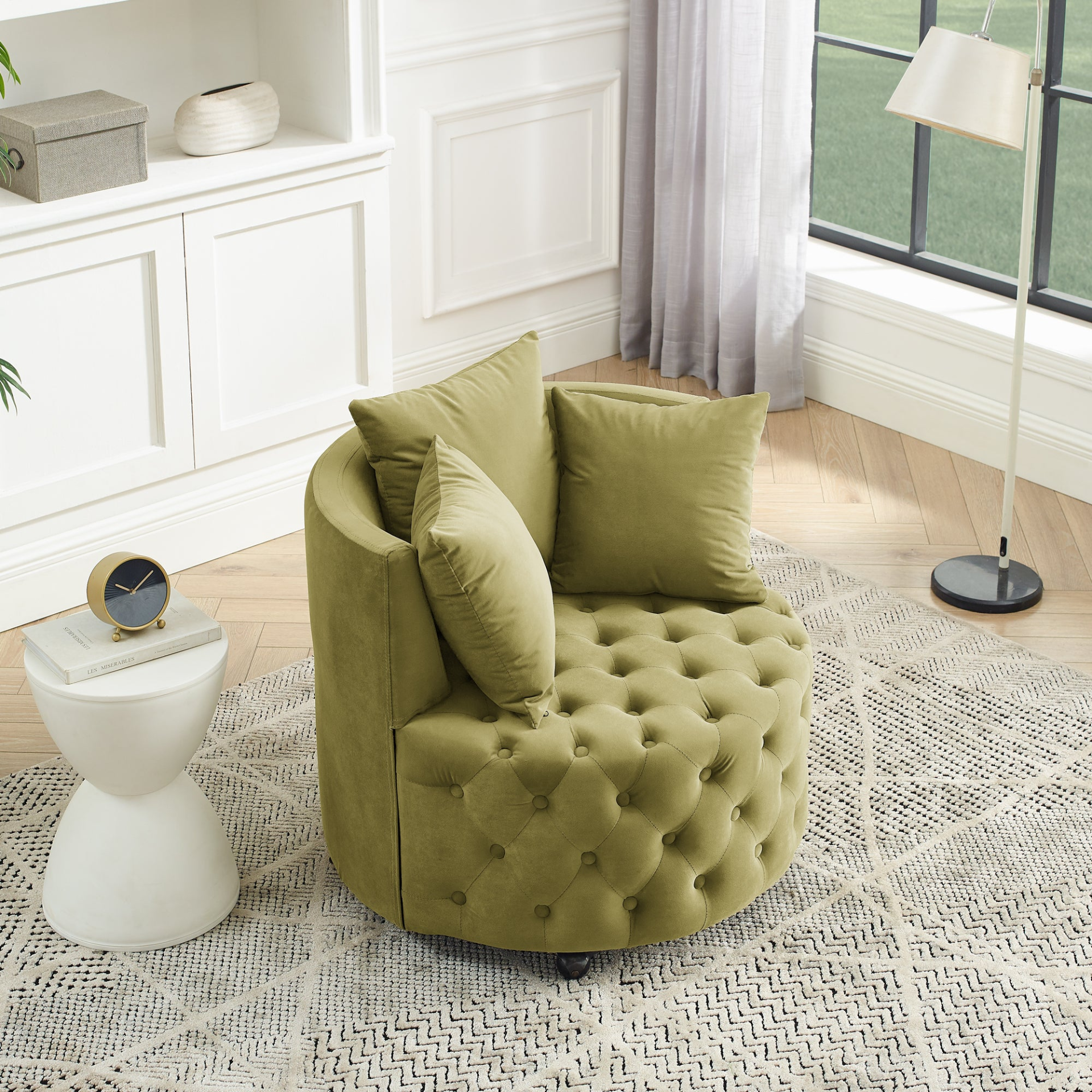 Sofa & Chair sets | Velvet Upholstered Swivel Chair for Living Room, Button Tufted Design, Movable Wheels, 3 Pillows, Khaki Green | casafoyer.myshopify.com