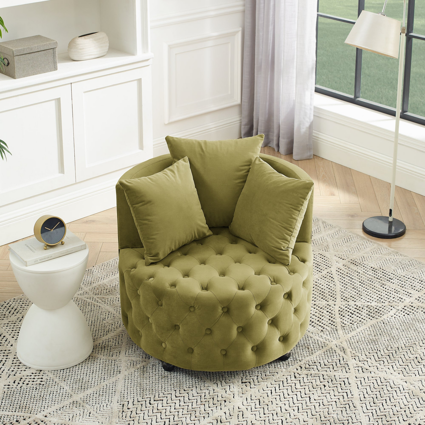 Sofa & Chair sets | Velvet Upholstered Swivel Chair for Living Room, Button Tufted Design, Movable Wheels, 3 Pillows, Khaki Green | casafoyer.myshopify.com