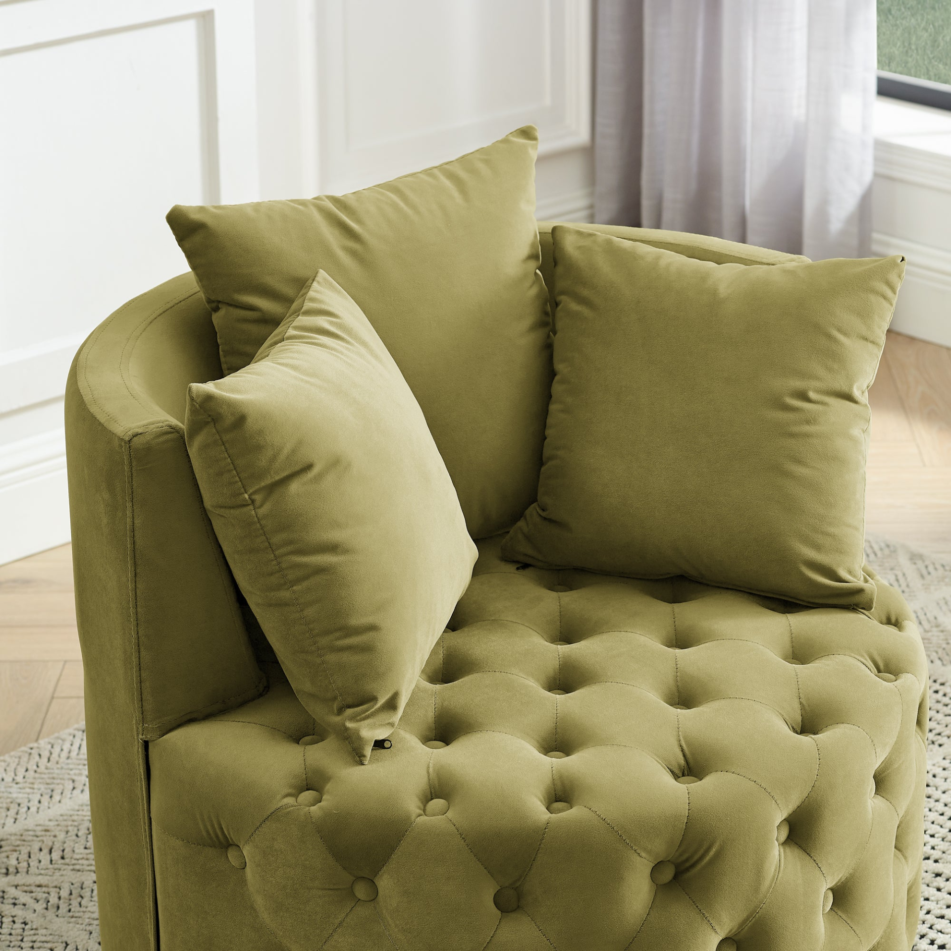 Sofa & Chair sets | Velvet Upholstered Swivel Chair for Living Room, Button Tufted Design, Movable Wheels, 3 Pillows, Khaki Green | casafoyer.myshopify.com