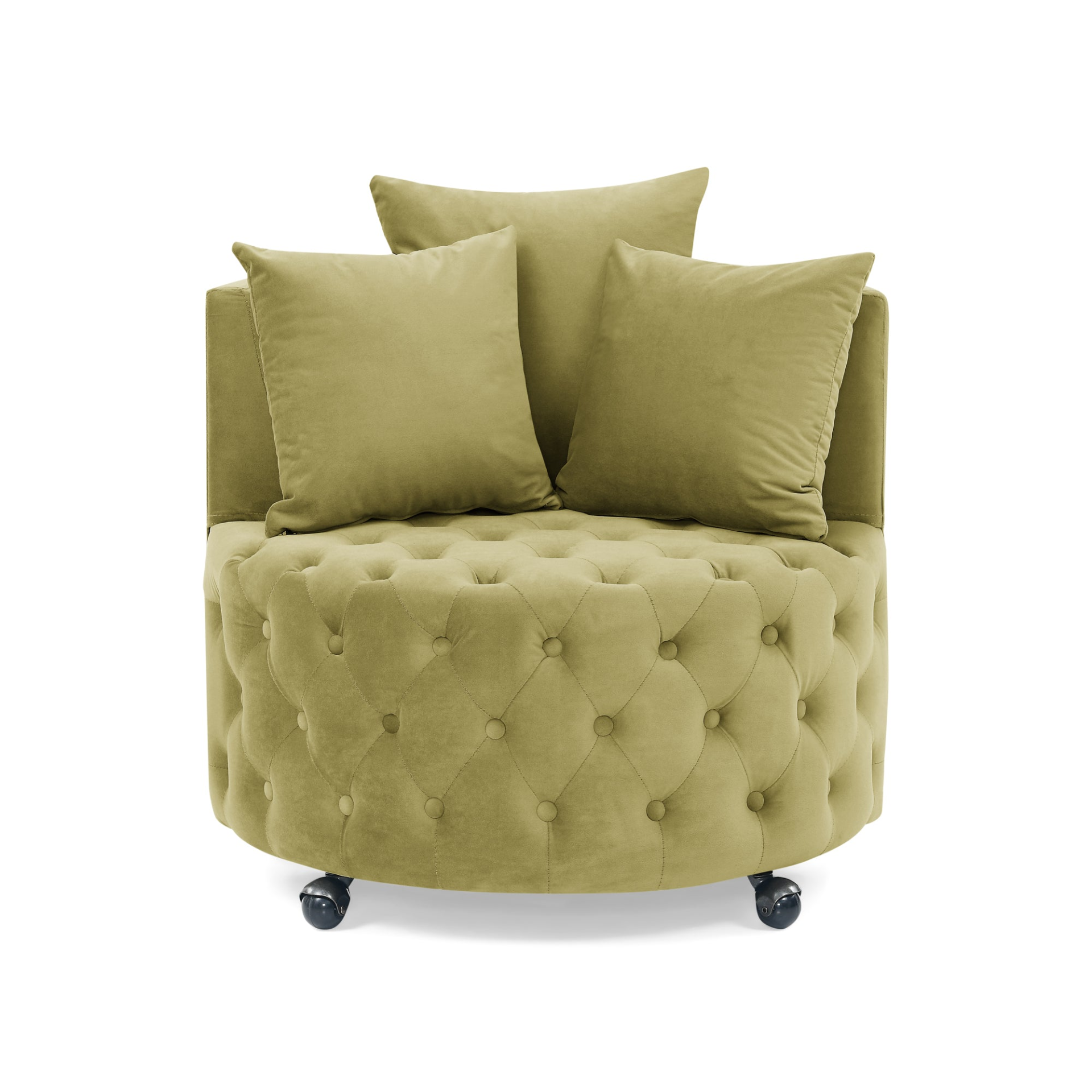 Sofa & Chair sets | Velvet Upholstered Swivel Chair for Living Room, Button Tufted Design, Movable Wheels, 3 Pillows, Khaki Green | casafoyer.myshopify.com