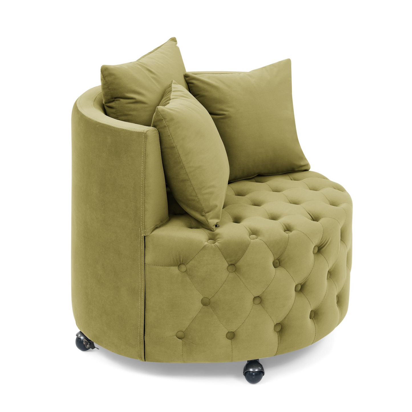 Sofa & Chair sets | Velvet Upholstered Swivel Chair for Living Room, Button Tufted Design, Movable Wheels, 3 Pillows, Khaki Green | casafoyer.myshopify.com