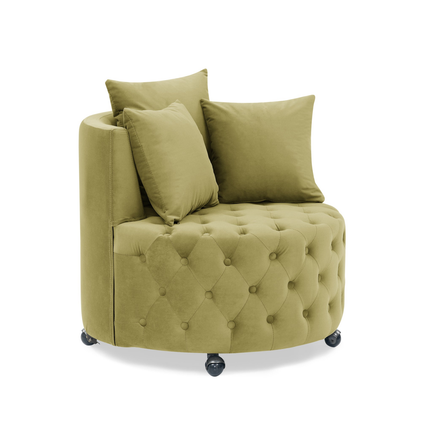 Sofa & Chair sets | Velvet Upholstered Swivel Chair for Living Room, Button Tufted Design, Movable Wheels, 3 Pillows, Khaki Green | casafoyer.myshopify.com