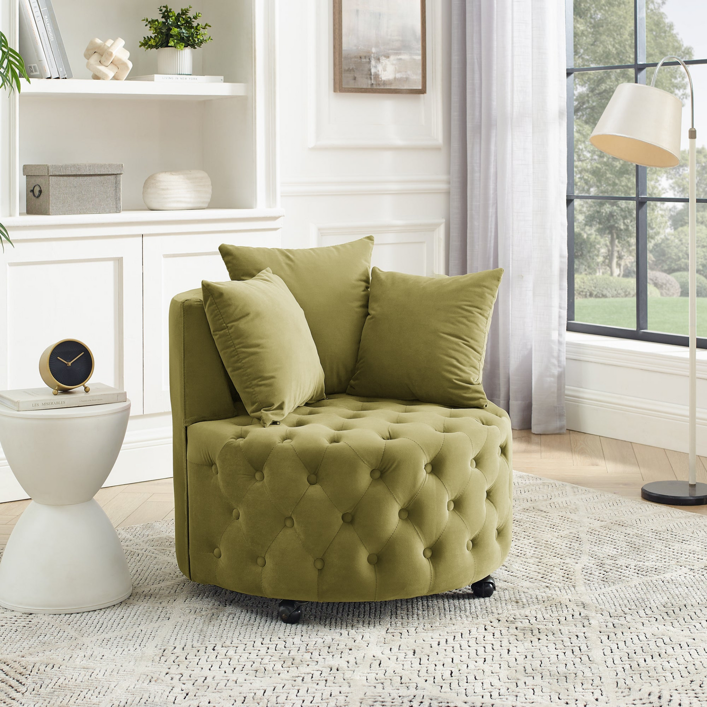 Sofa & Chair sets | Velvet Upholstered Swivel Chair for Living Room, Button Tufted Design, Movable Wheels, 3 Pillows, Khaki Green | casafoyer.myshopify.com