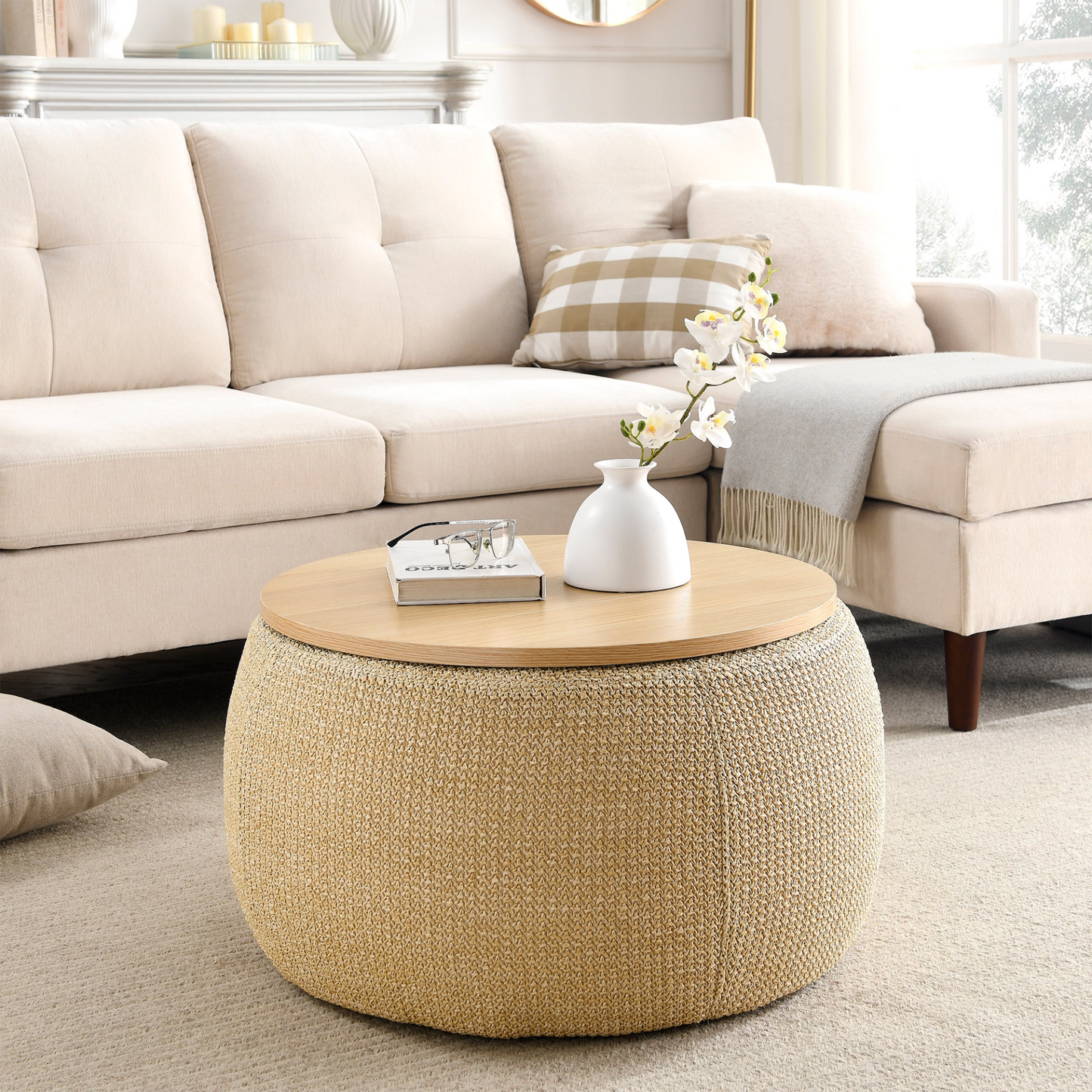 OTTOMAN | Round Storage Ottoman, 2 in 1 Function, Natural | Shop Now | casafoyer.myshopify.com