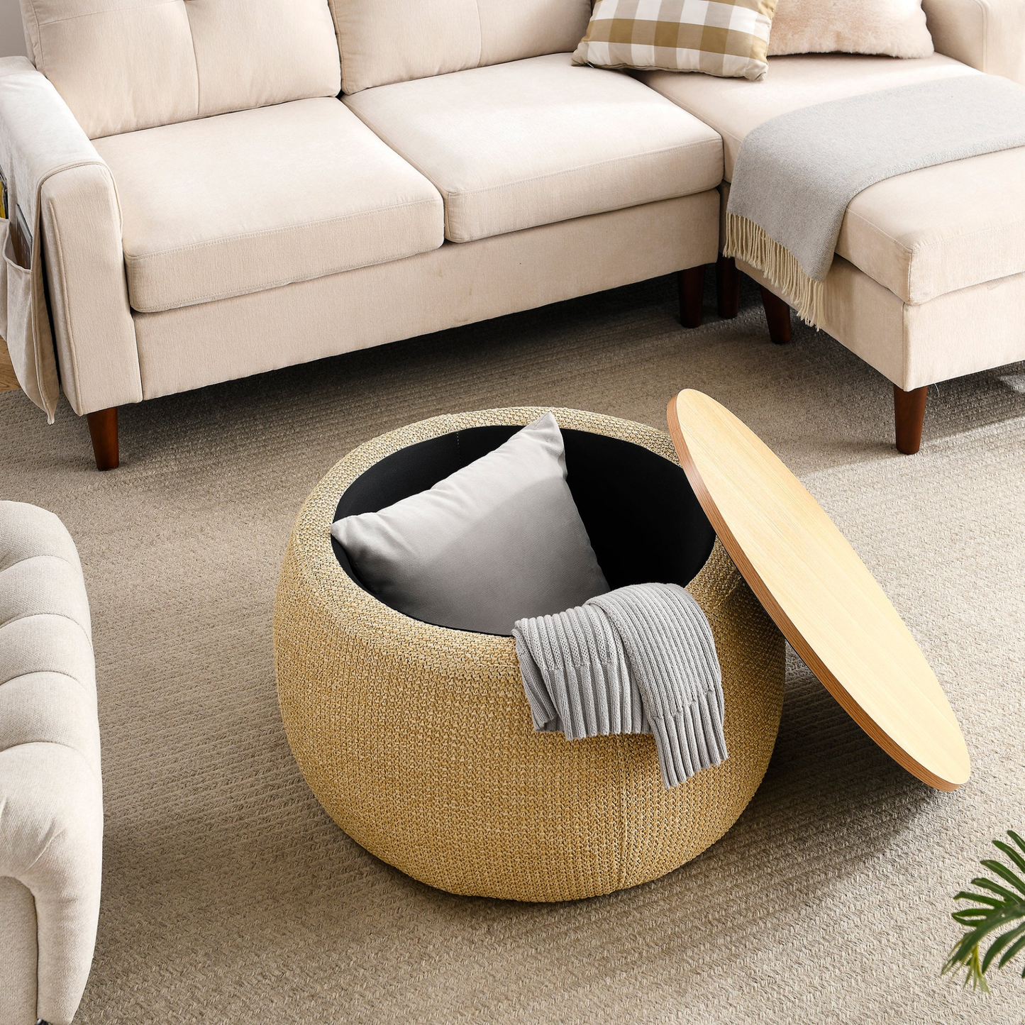 OTTOMAN | Round Storage Ottoman, 2 in 1 Function, Natural | Shop Now | casafoyer.myshopify.com