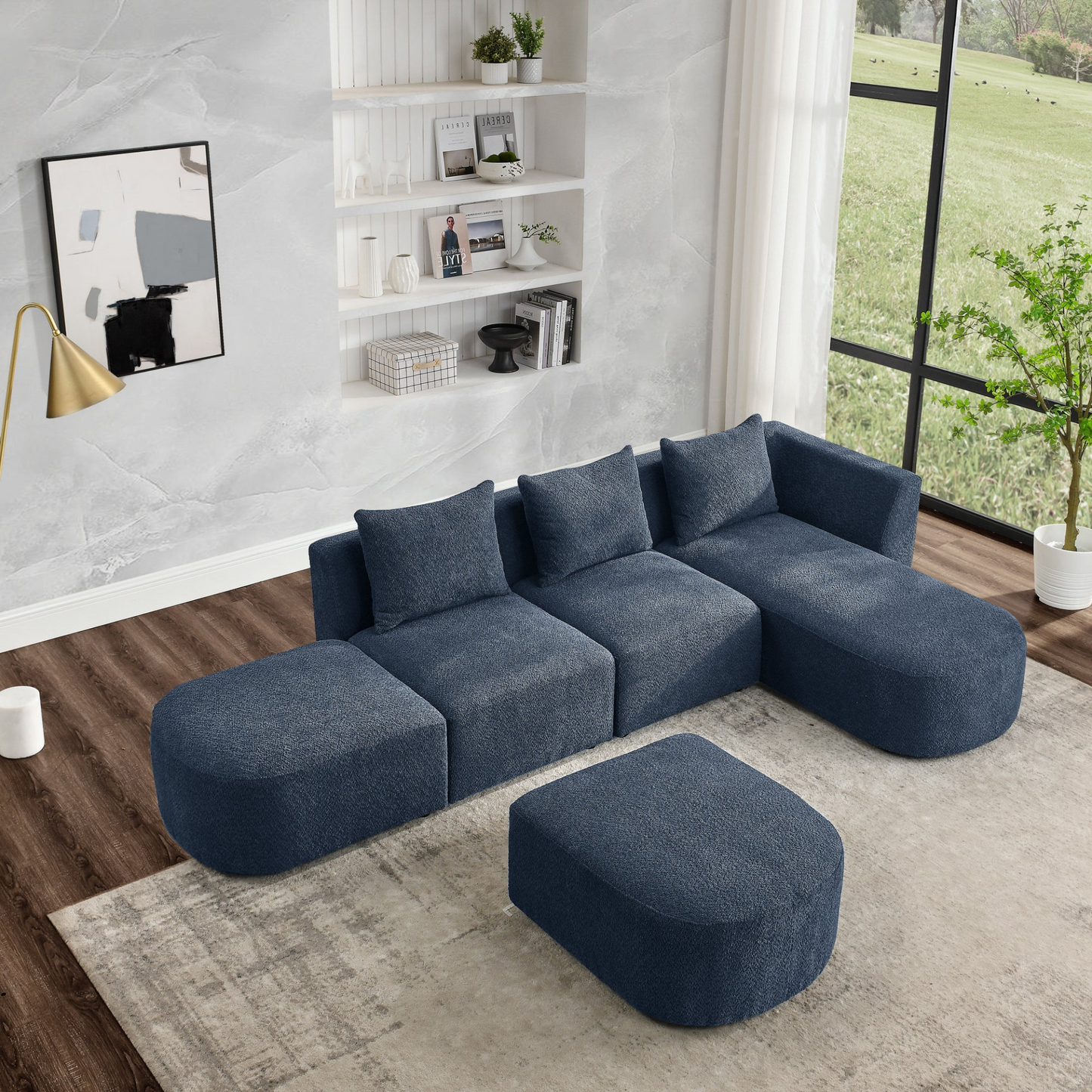 Sofa & Chair sets | L Shape Sectional Sofa with Right Side Chaise and Ottoman, Modular Sofa, DIY Combination, Loop Yarn Fabric, Navy | casafoyer.myshopify.com