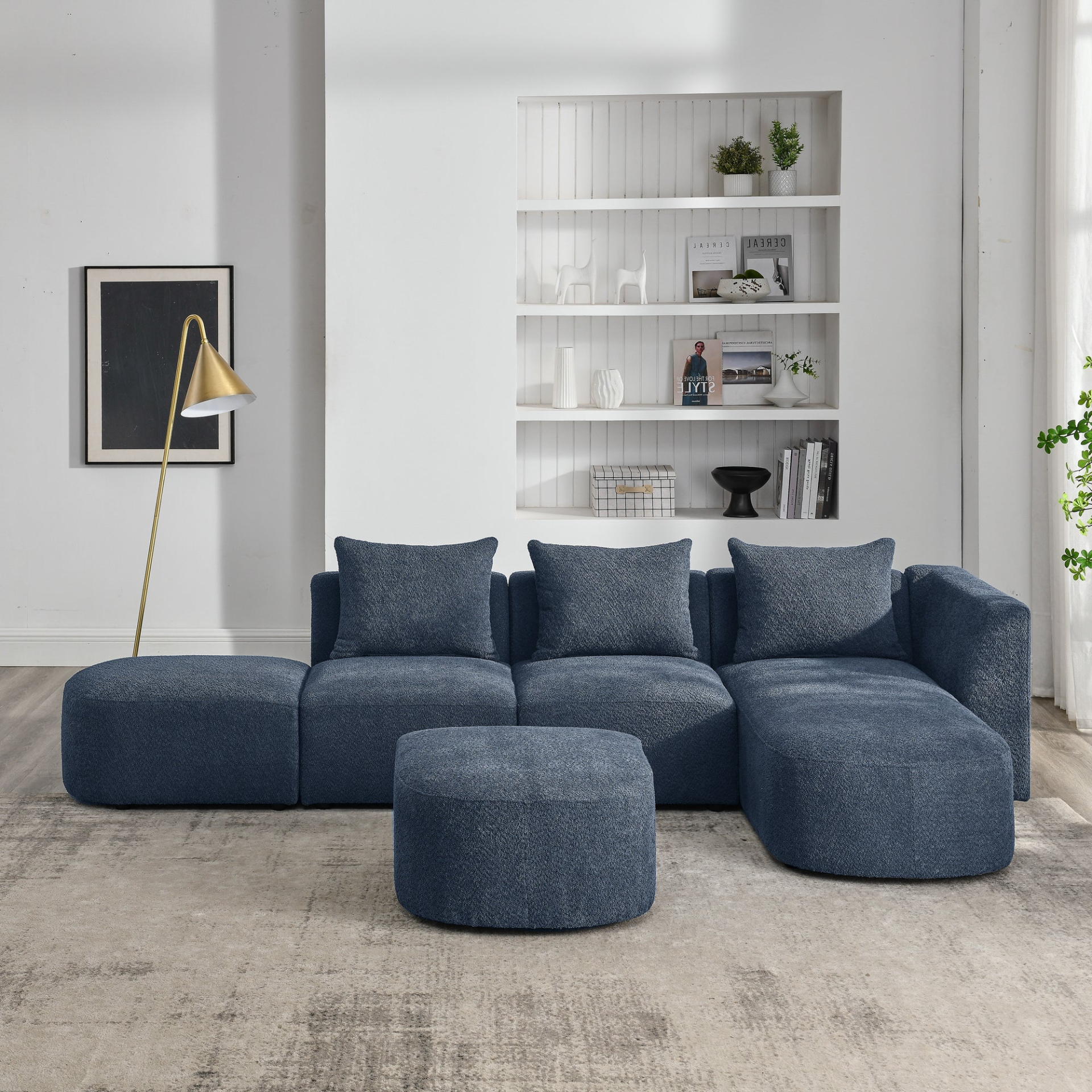 Sofa & Chair sets | L Shape Sectional Sofa with Right Side Chaise and Ottoman, Modular Sofa, DIY Combination, Loop Yarn Fabric, Navy | casafoyer.myshopify.com