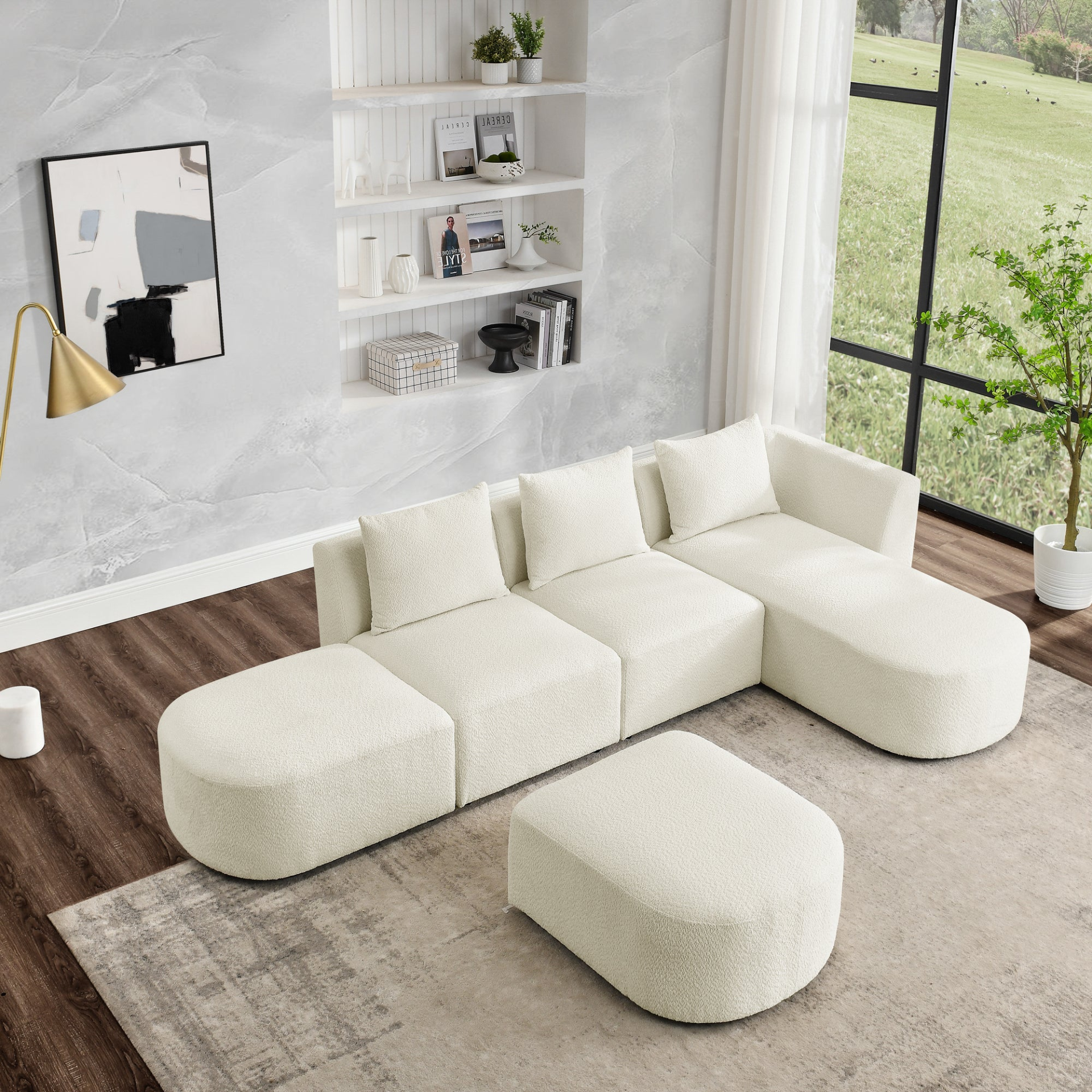 Sofa & Chair sets | L Shape Sectional Sofa with Right Side Chaise and Ottoman, Modular Sofa, DIY Combination, Loop Yarn Fabric, Beige | casafoyer.myshopify.com