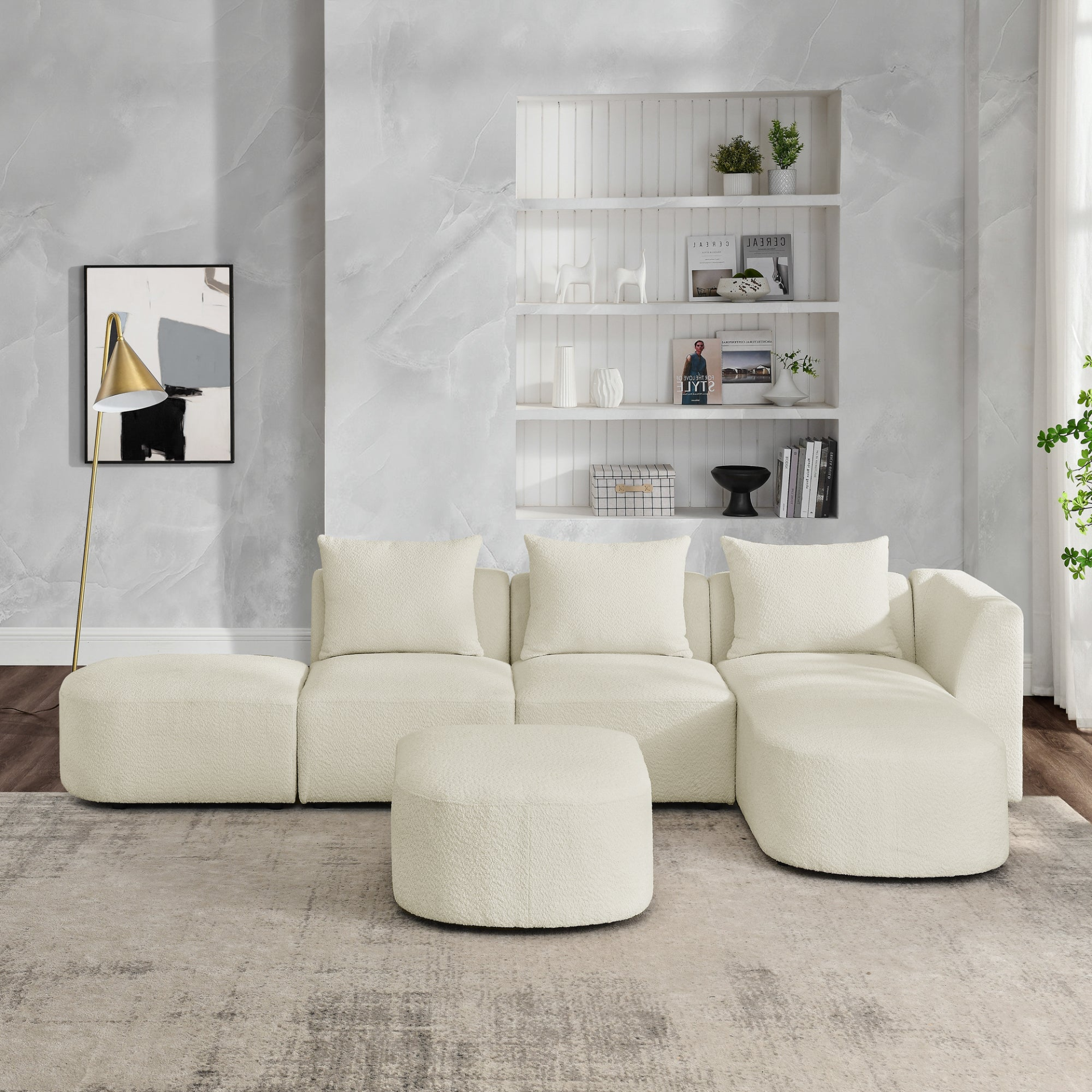 Sofa & Chair sets | L Shape Sectional Sofa with Right Side Chaise and Ottoman, Modular Sofa, DIY Combination, Loop Yarn Fabric, Beige | casafoyer.myshopify.com