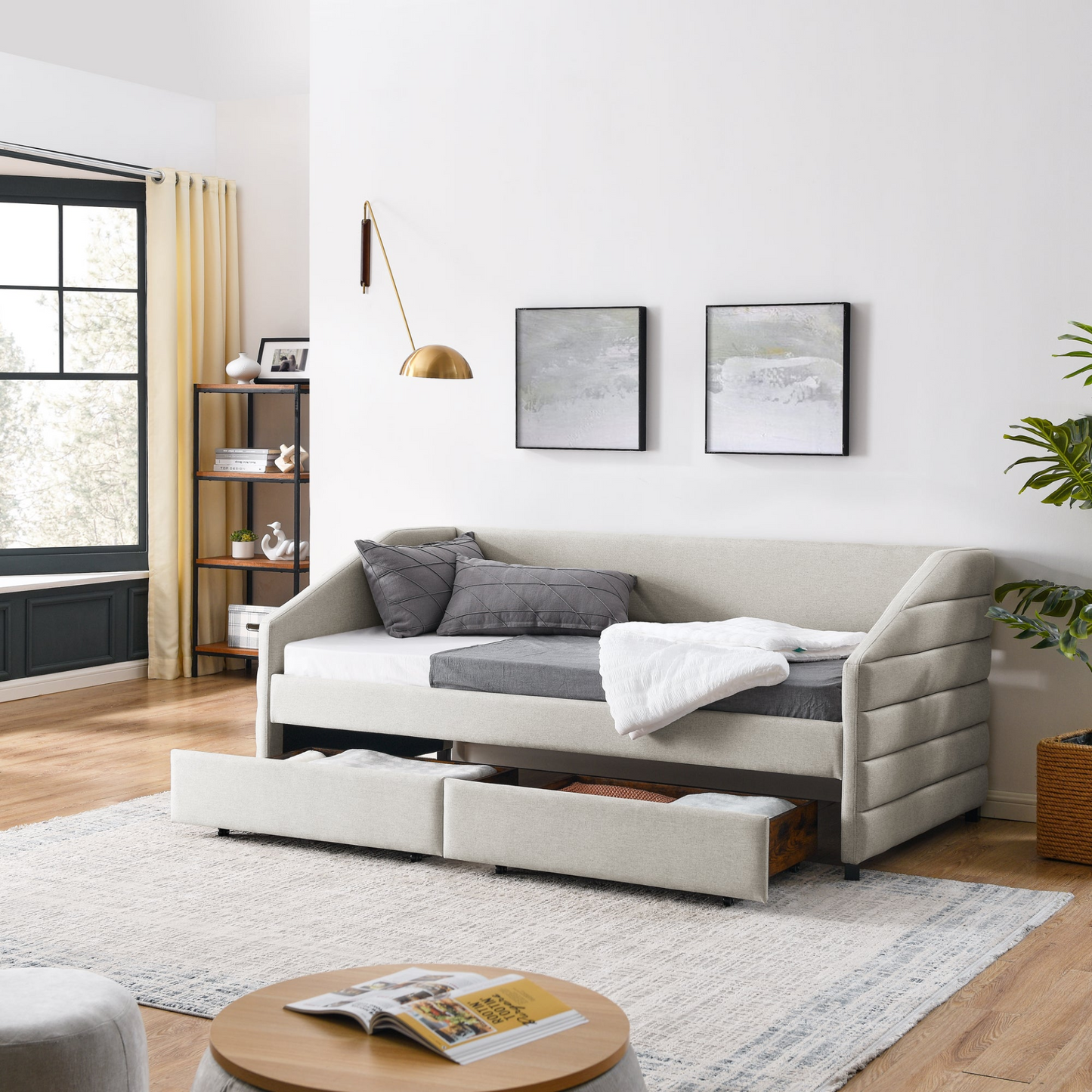 Patio Furntiure Sets | Twin Size Daybed with Two Drawers Trundle Upholstered Tufted Sofa Bed, Linen Fabric, Beige | casafoyer.myshopify.com