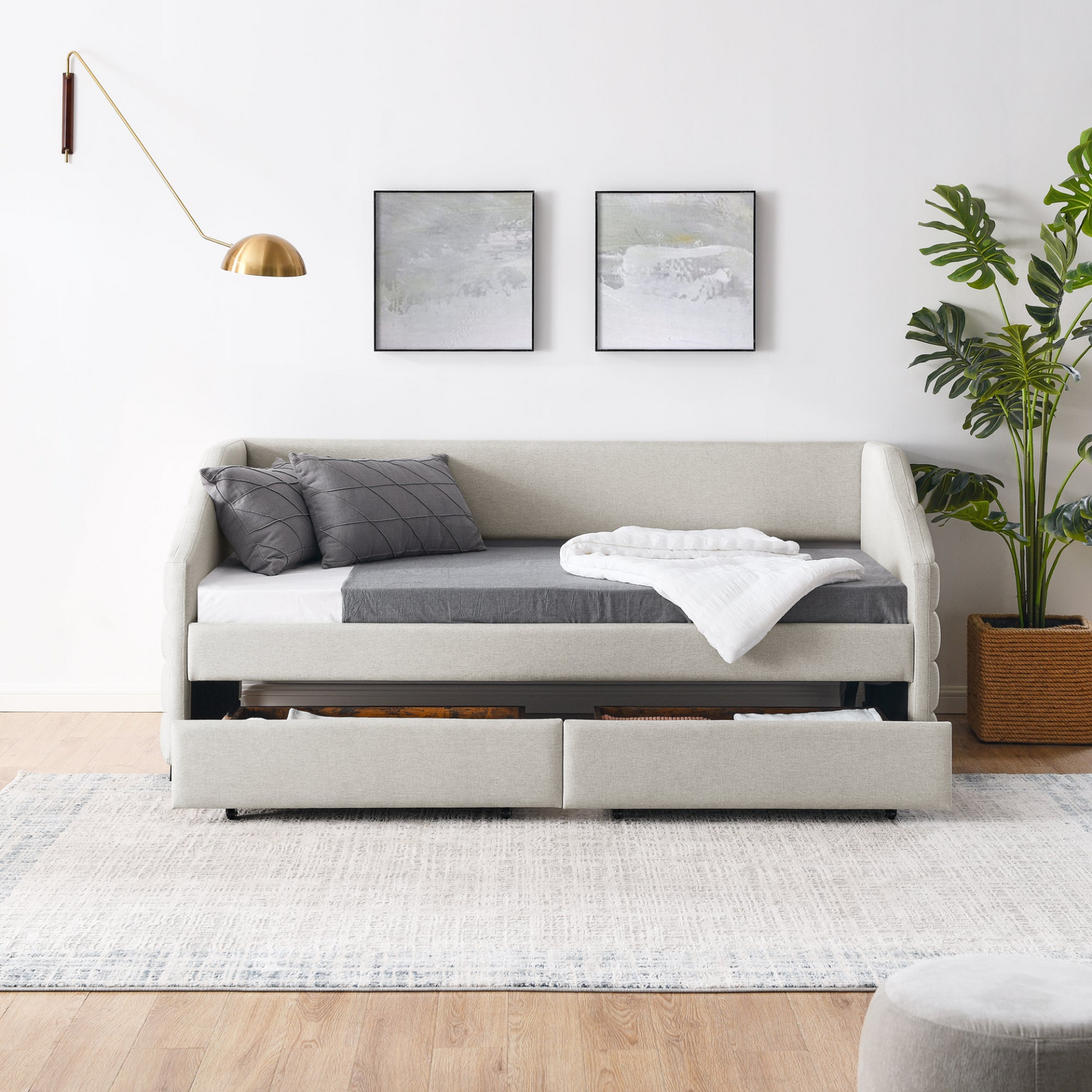 Patio Furntiure Sets | Twin Size Daybed with Two Drawers Trundle Upholstered Tufted Sofa Bed, Linen Fabric, Beige | casafoyer.myshopify.com