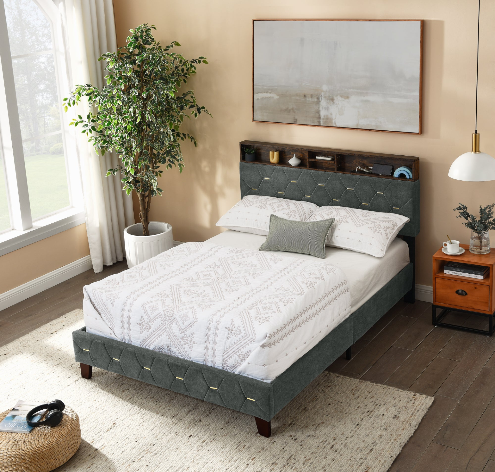 BED_FRAME | Full Size Bed Frame with Shelf Upholstered Headboard, Grey | casafoyer.myshopify.com