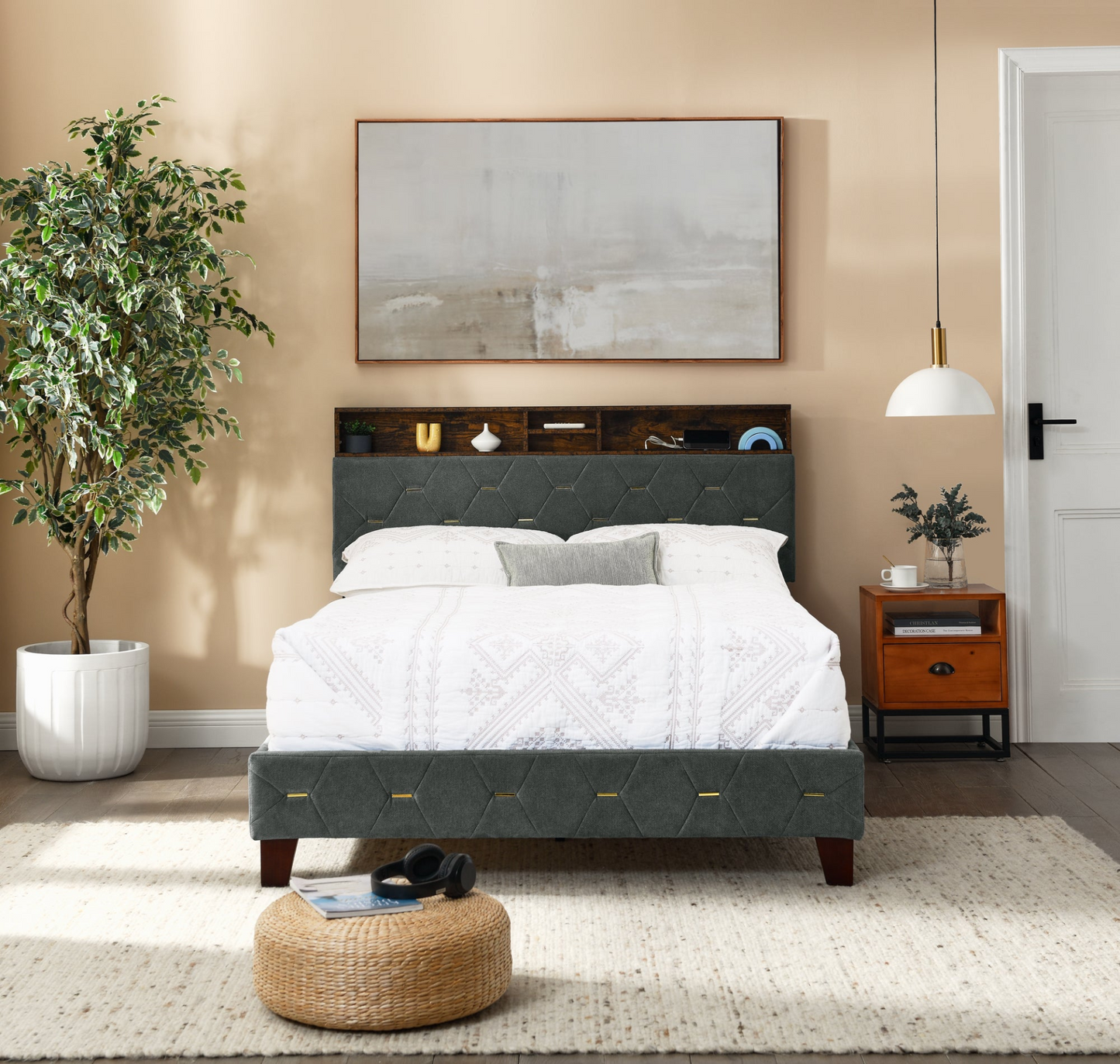 BED_FRAME | Full Size Bed Frame with Shelf Upholstered Headboard, Grey | casafoyer.myshopify.com