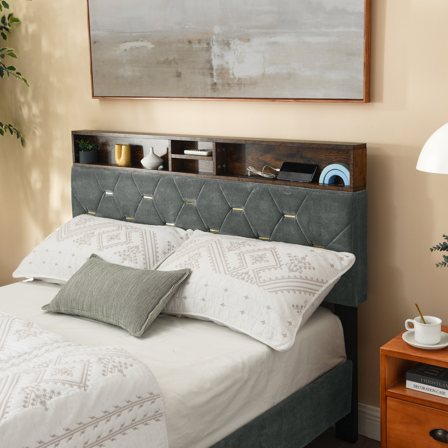 BED_FRAME | Full Size Bed Frame with Shelf Upholstered Headboard, Grey | casafoyer.myshopify.com