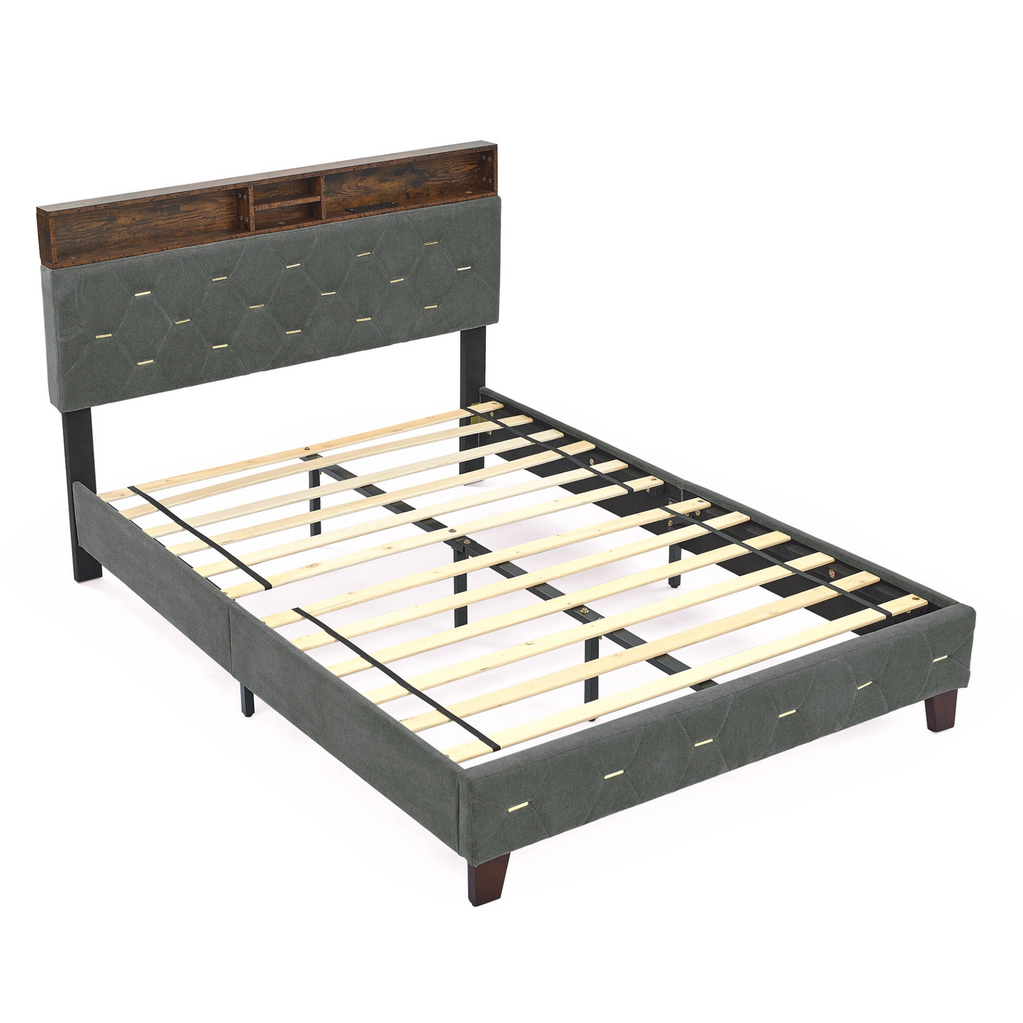 BED_FRAME | Full Size Bed Frame with Shelf Upholstered Headboard, Grey | casafoyer.myshopify.com