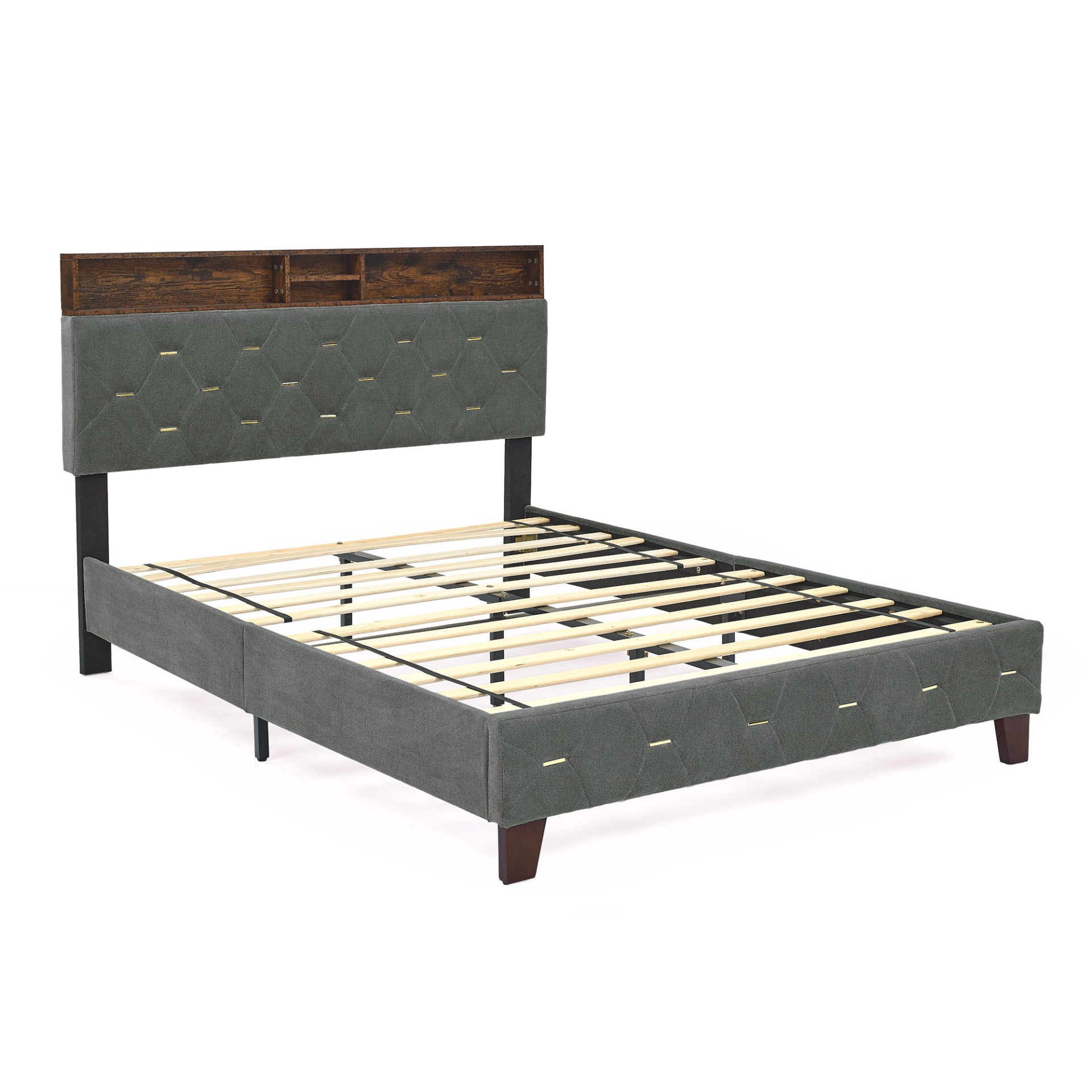 BED_FRAME | Full Size Bed Frame with Shelf Upholstered Headboard, Grey | casafoyer.myshopify.com