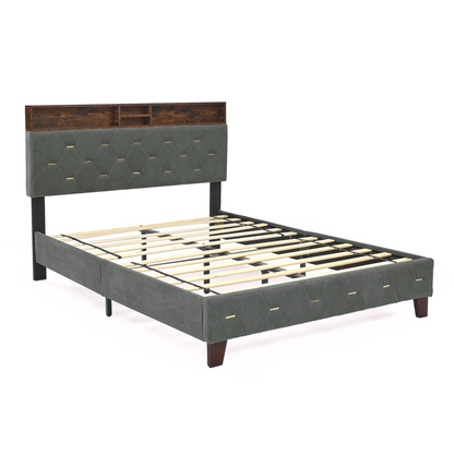 BED_FRAME | Full Size Bed Frame with Shelf Upholstered Headboard, Grey | casafoyer.myshopify.com