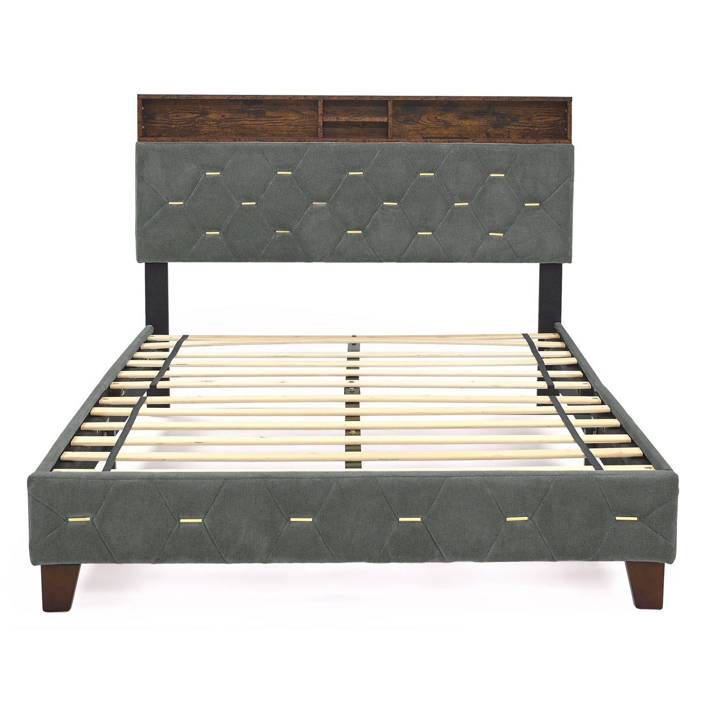 BED_FRAME | Full Size Bed Frame with Shelf Upholstered Headboard, Grey | casafoyer.myshopify.com