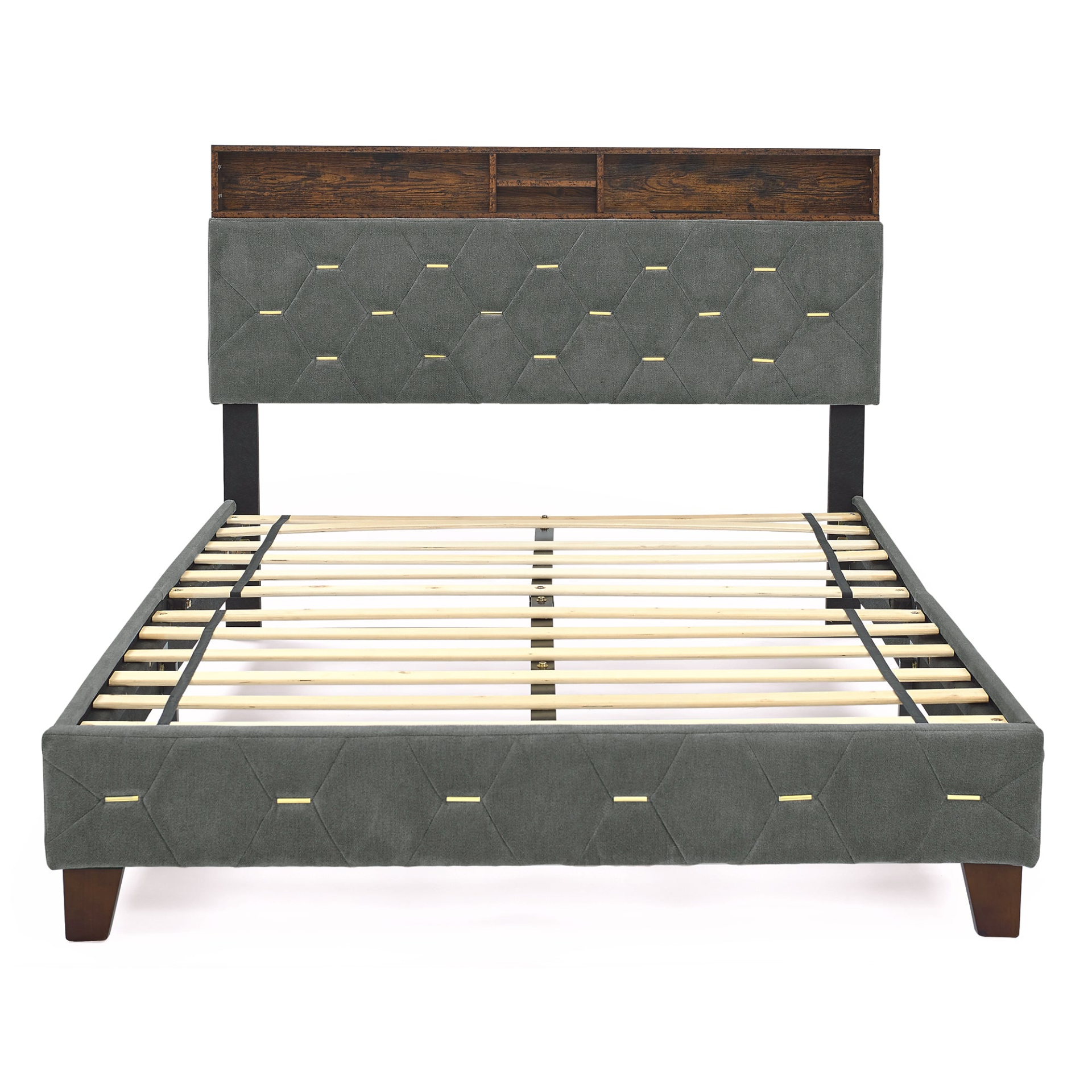 BED_FRAME | Full Size Bed Frame with Shelf Upholstered Headboard, Grey | casafoyer.myshopify.com