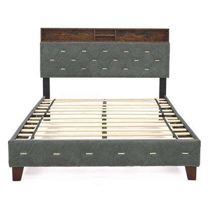 BED_FRAME | Full Size Bed Frame with Shelf Upholstered Headboard, Grey | casafoyer.myshopify.com